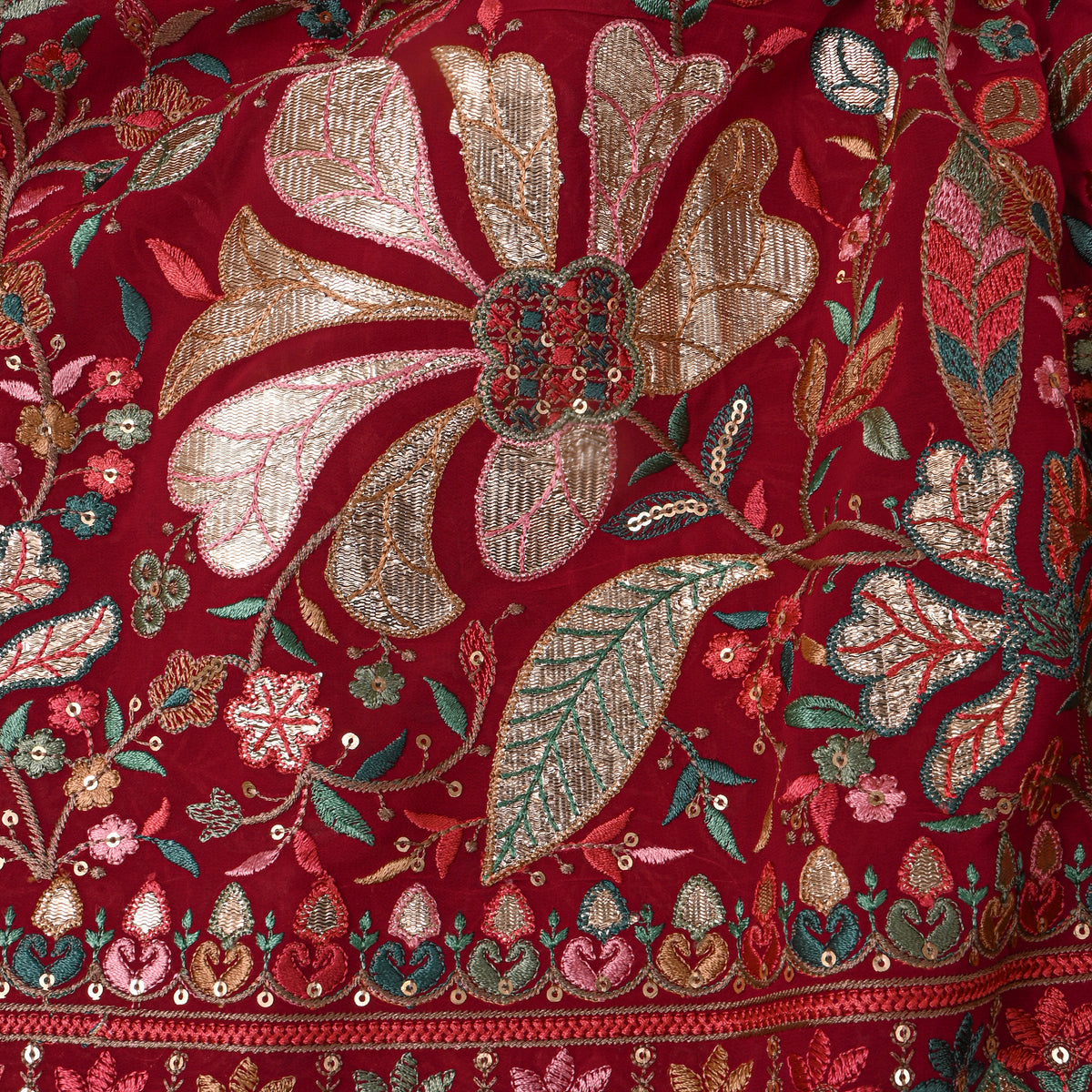 Red Multicolour Resham Floral Embroidered Georgette