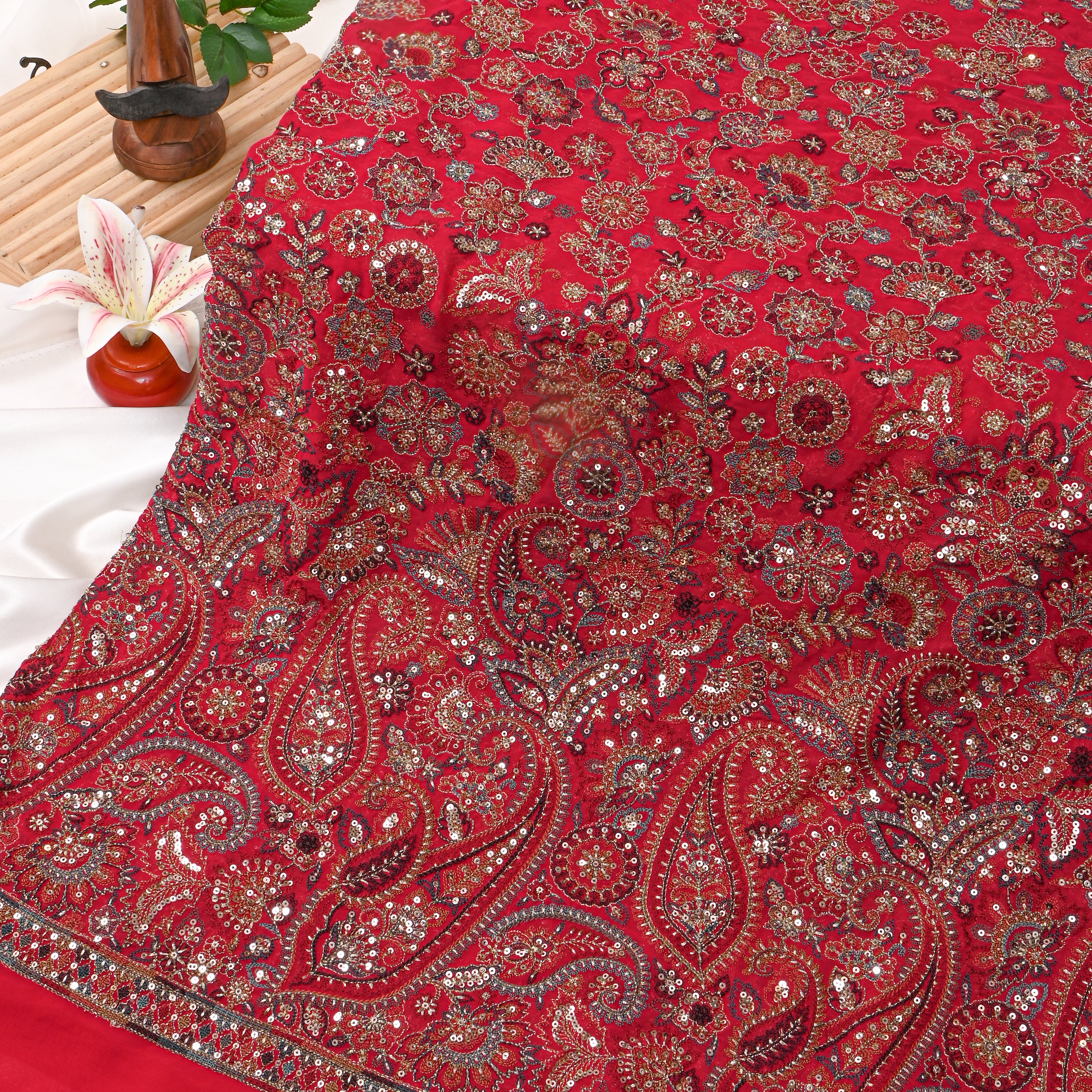Maple Red Georgette Embroidered Fabric