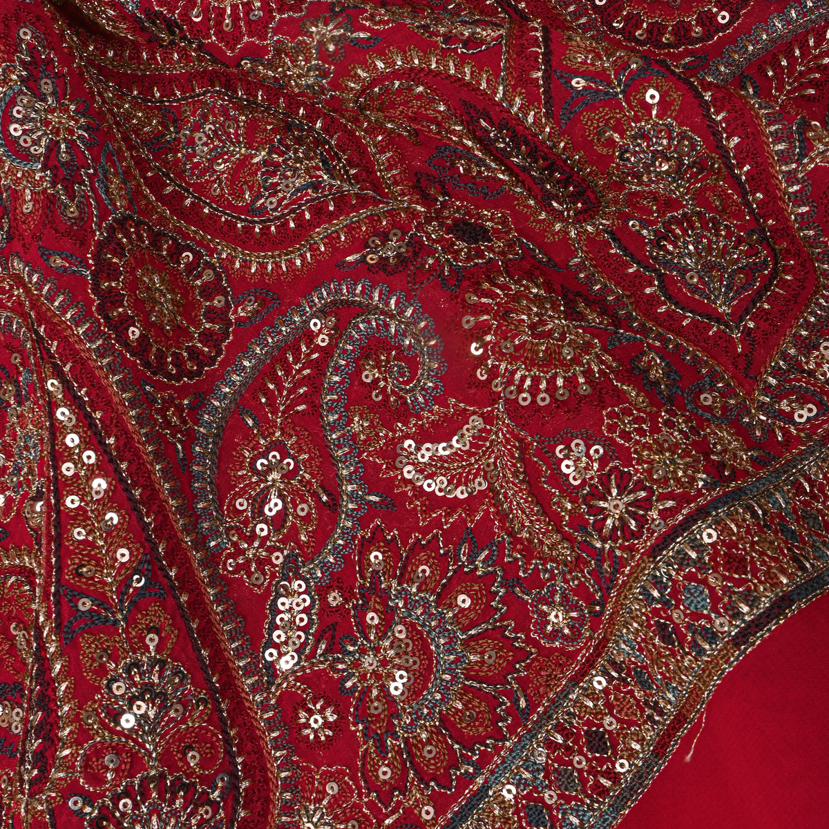 Maple Red Georgette Embroidered Fabric
