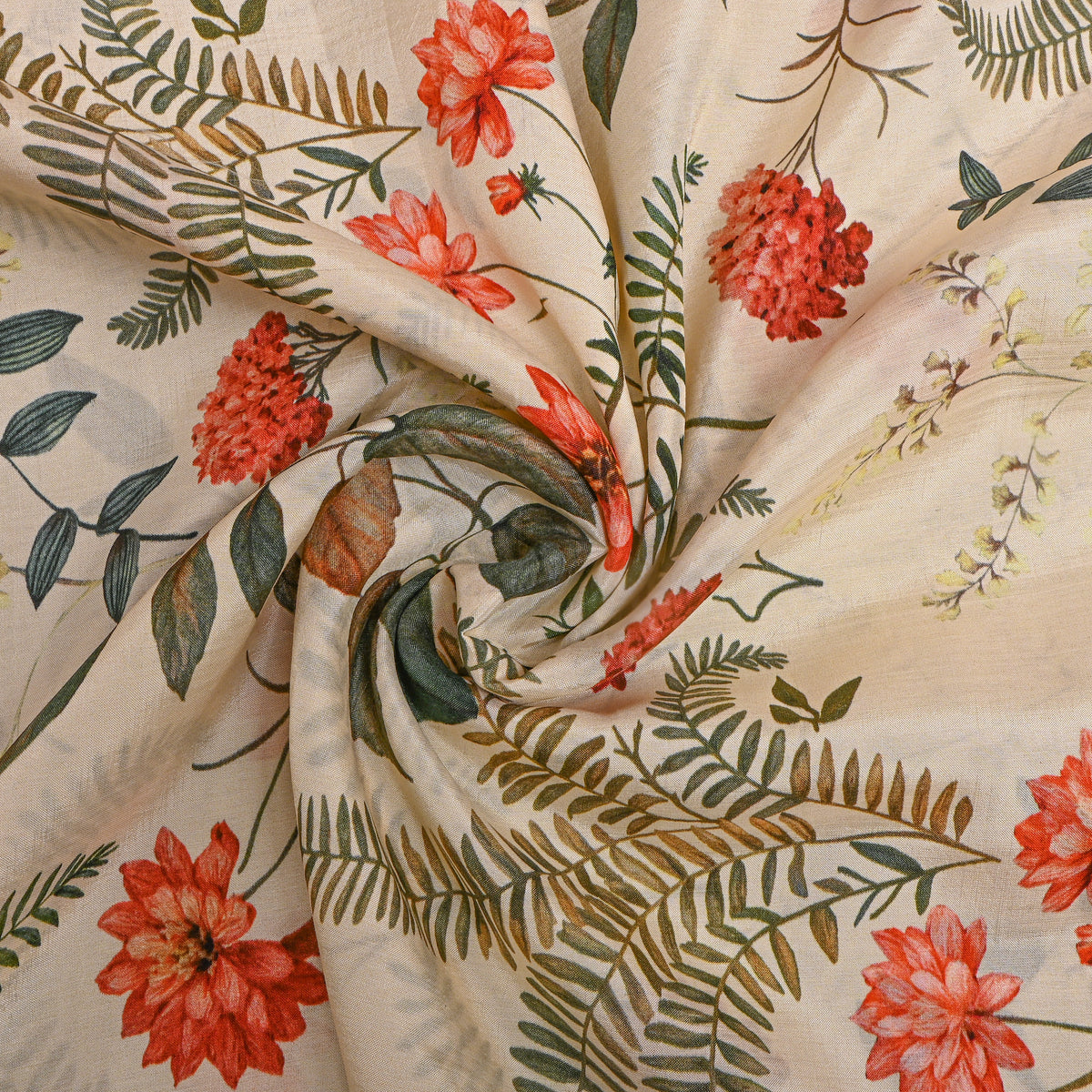 Cream Beige Fern And Coral Floral Printed Silk Fabric