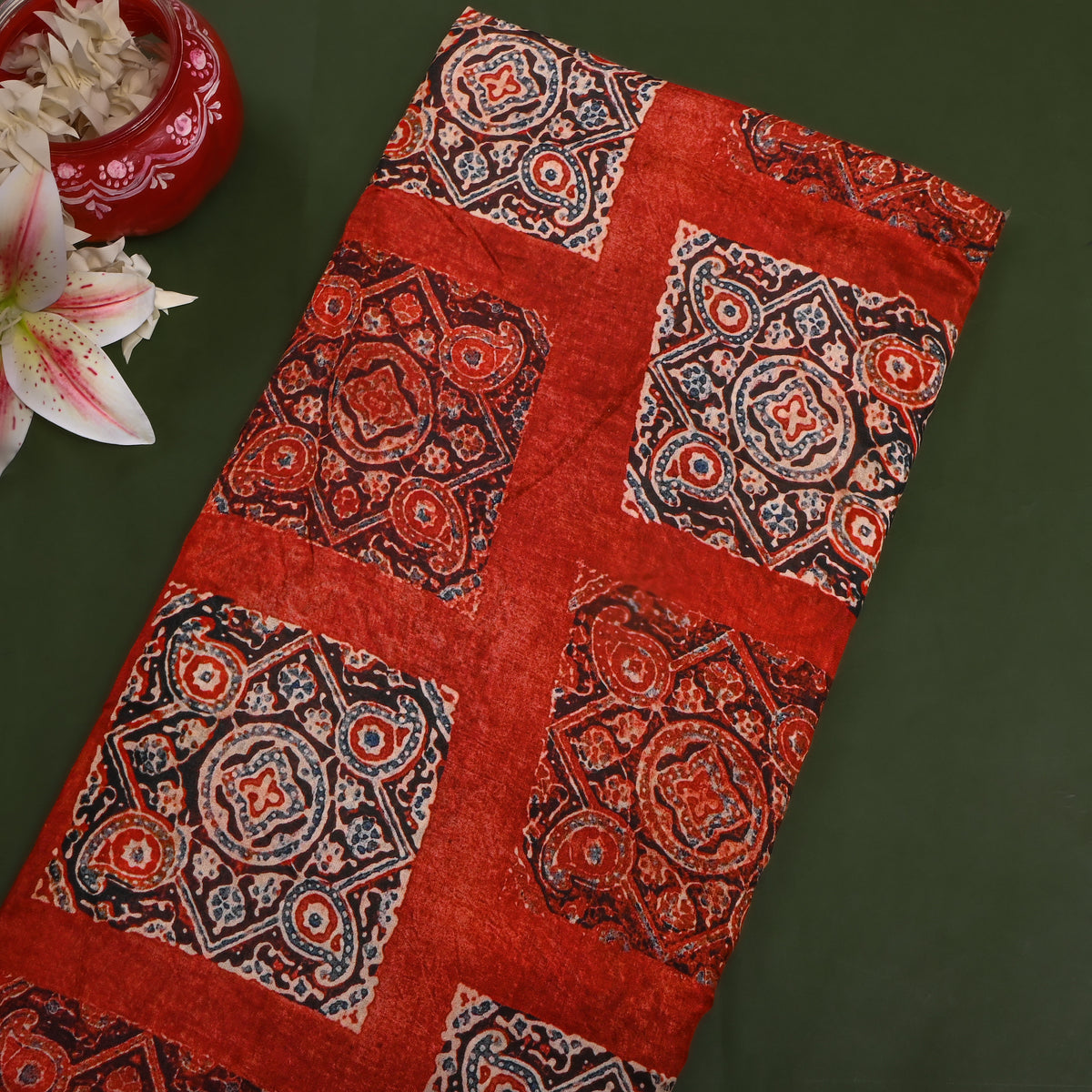 Rusty Red Ajrakh Style Geometric Digital Print Satin Fabric