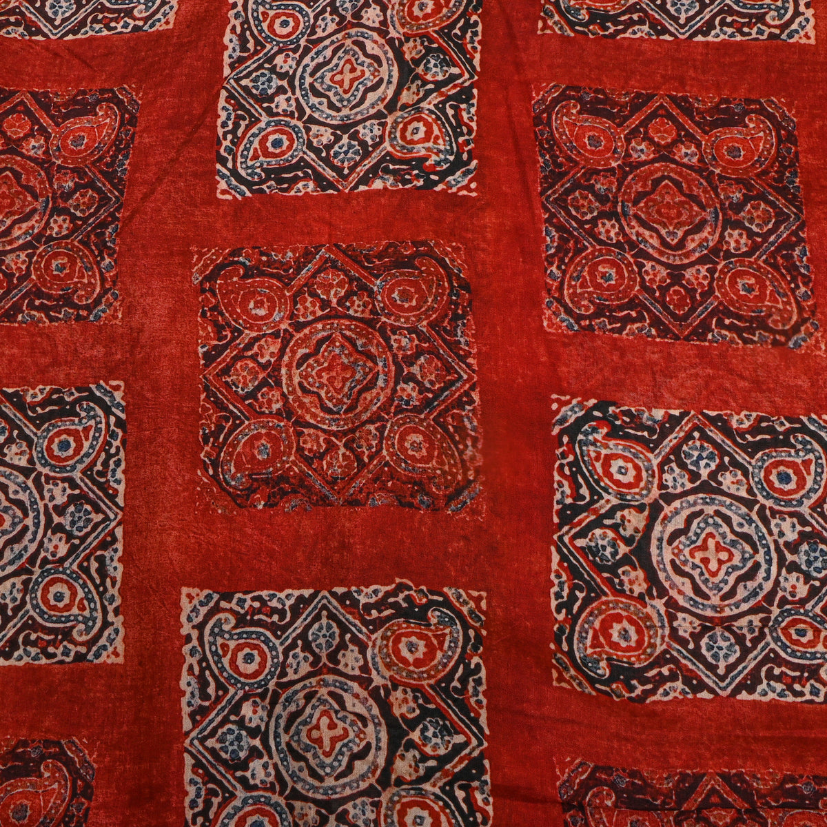 Rusty Red Ajrakh Style Geometric Digital Print Satin Fabric