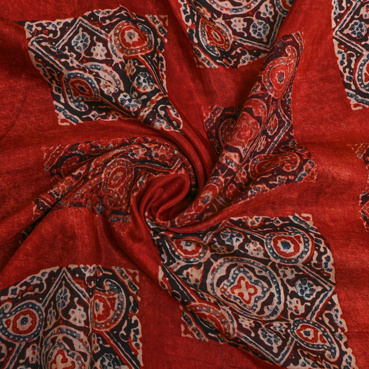 Rusty Red Ajrakh Style Geometric Digital Print Satin Fabric