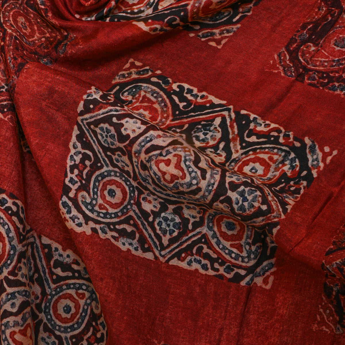 Rusty Red Ajrakh Style Geometric Digital Print Satin Fabric