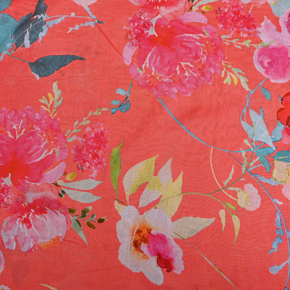 Orange Floral Print Tusser Fabric
