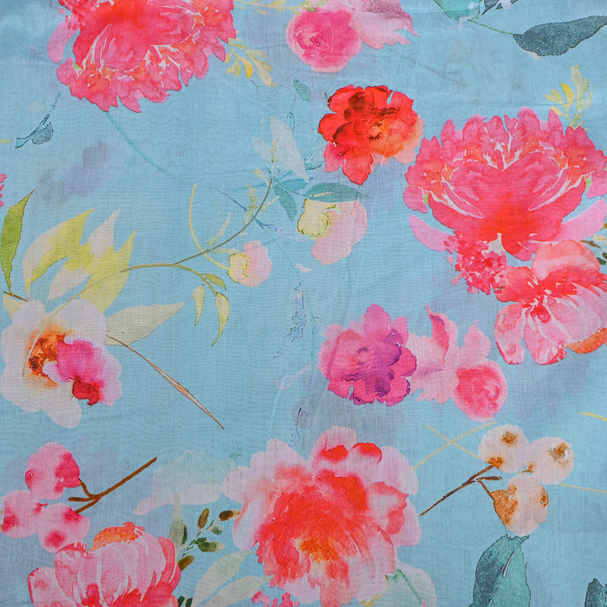 Sky Blue Floral Print Tusser Fabric