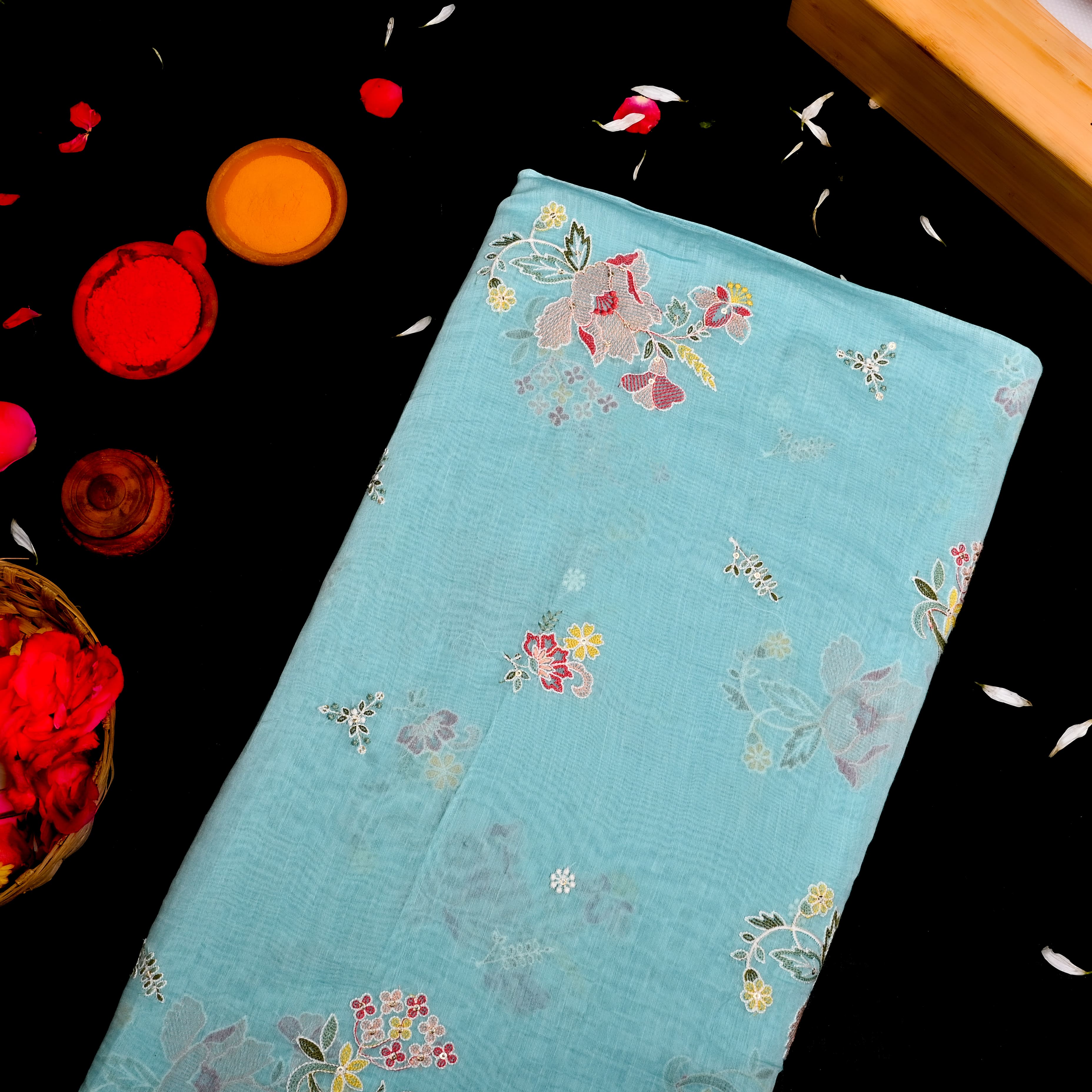 Light Blue Mul Chanderi Fabric With Thread Embroidery