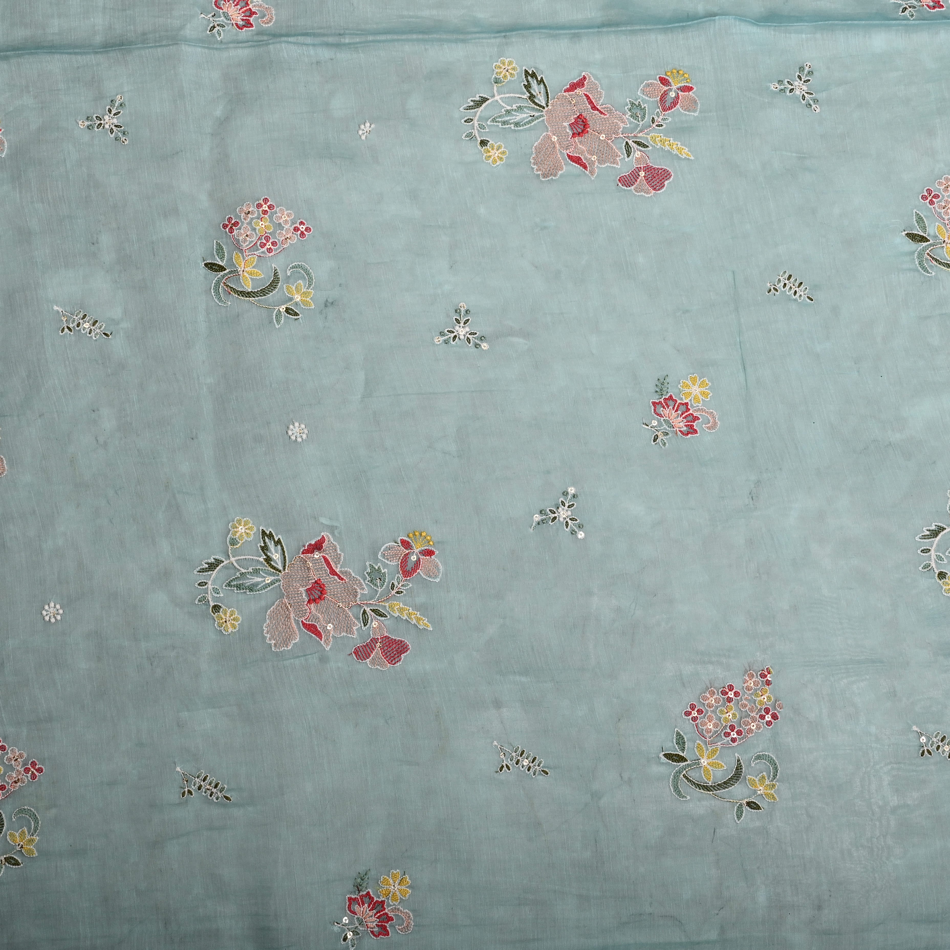 Light Blue Mul Chanderi Fabric With Thread Embroidery