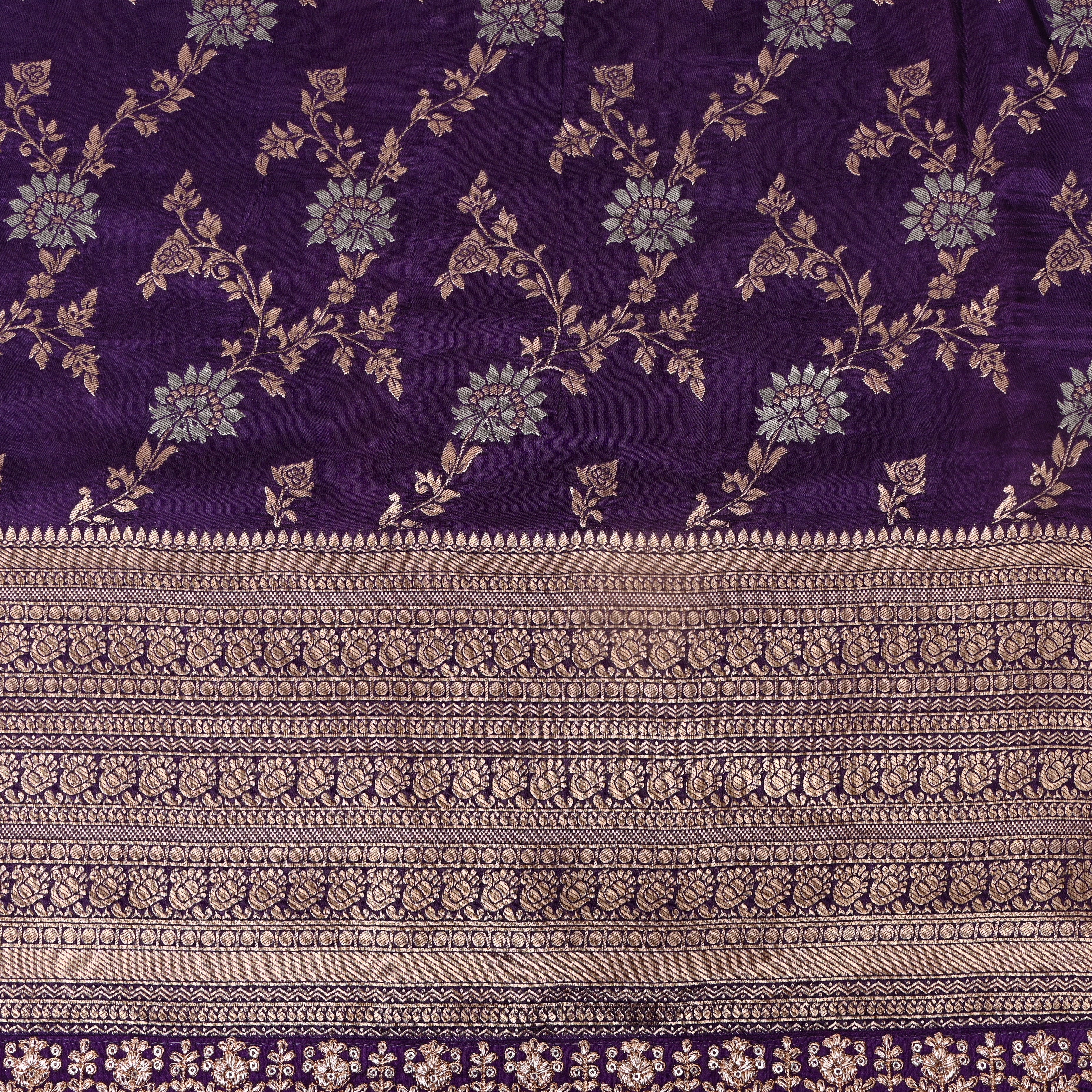 Deep Purple Jamawar Silk With Floral Vine And Woven Border