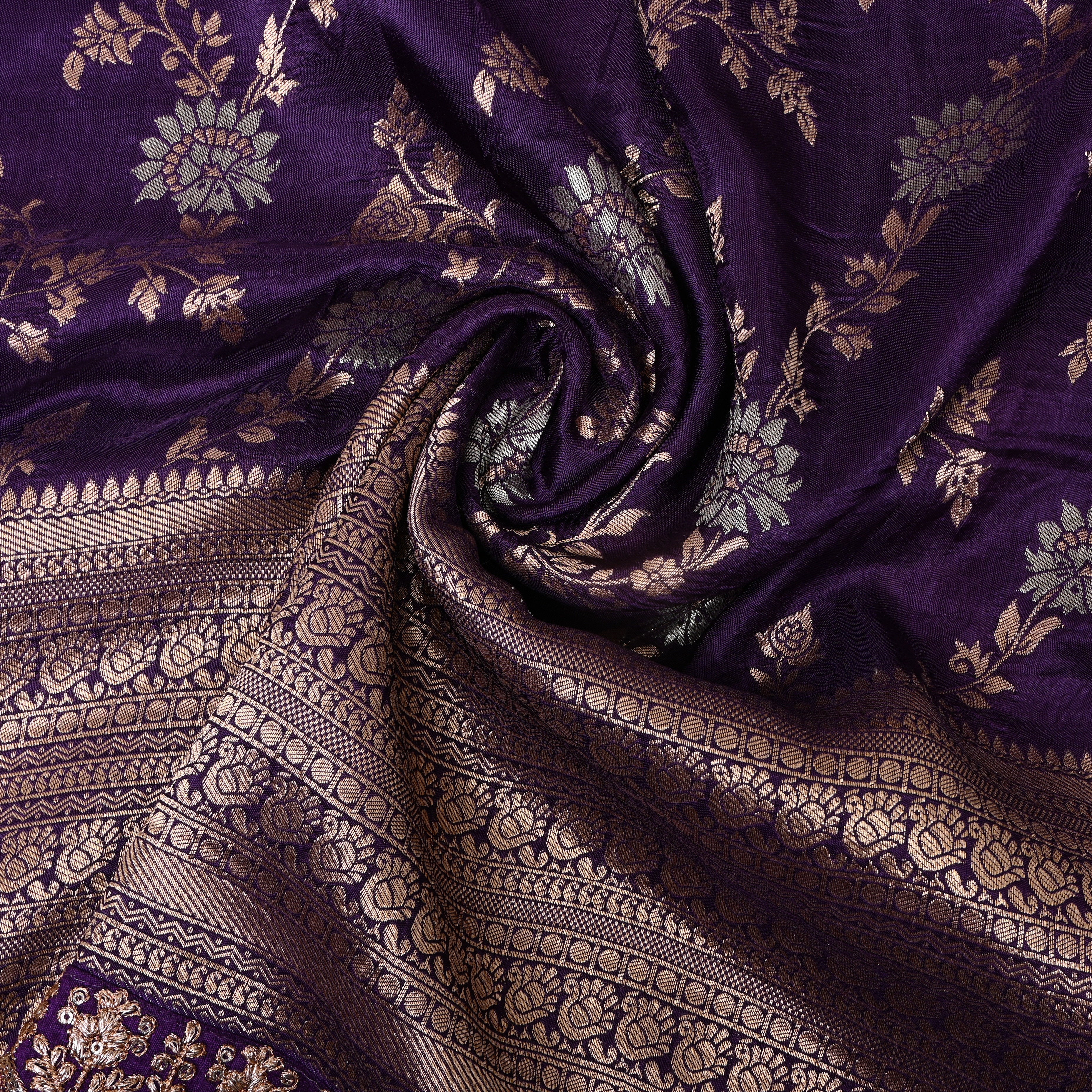 Deep Purple Jamawar Silk With Floral Vine And Woven Border