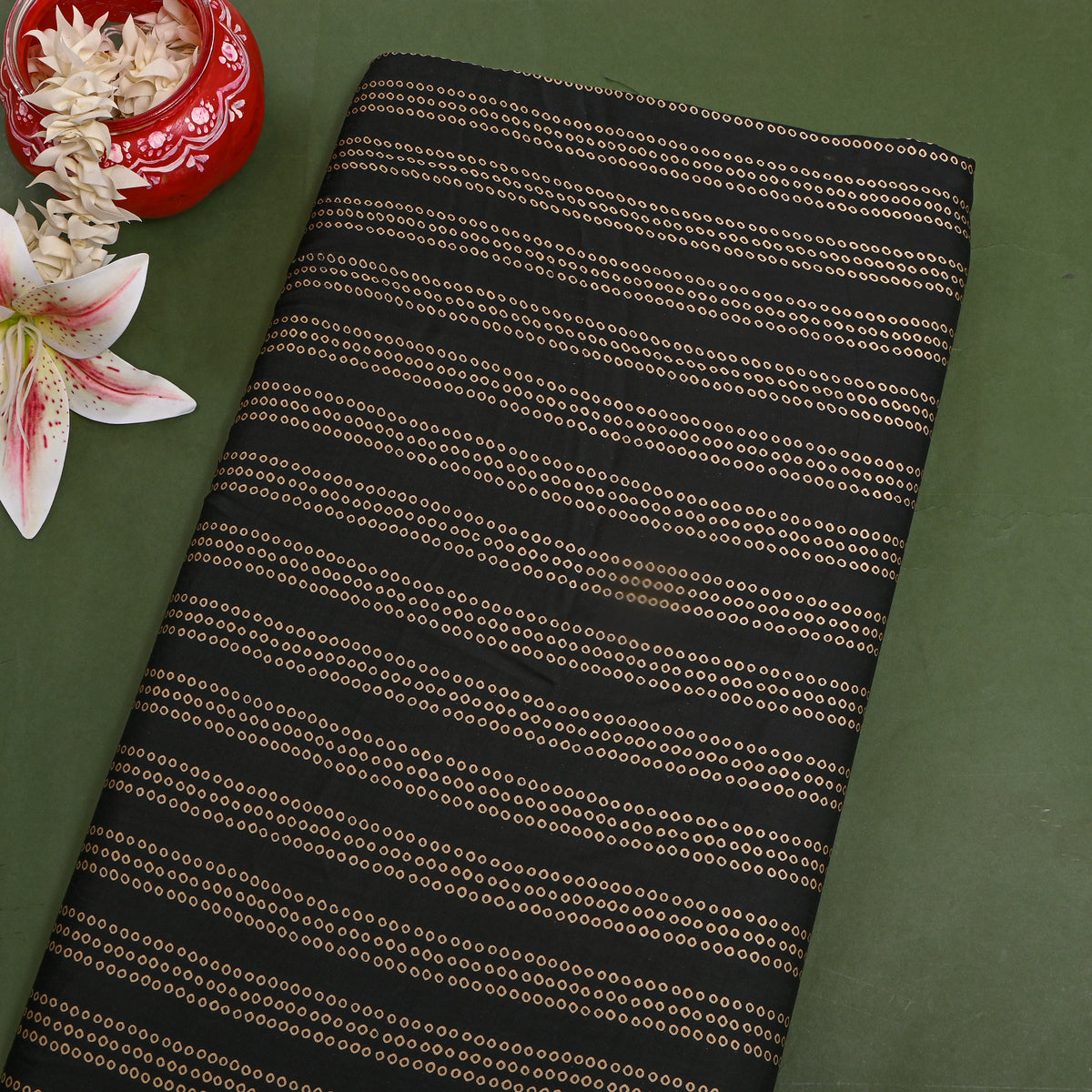 Ebony Black Dot Ring Stripe Digital Print Satin Fabric