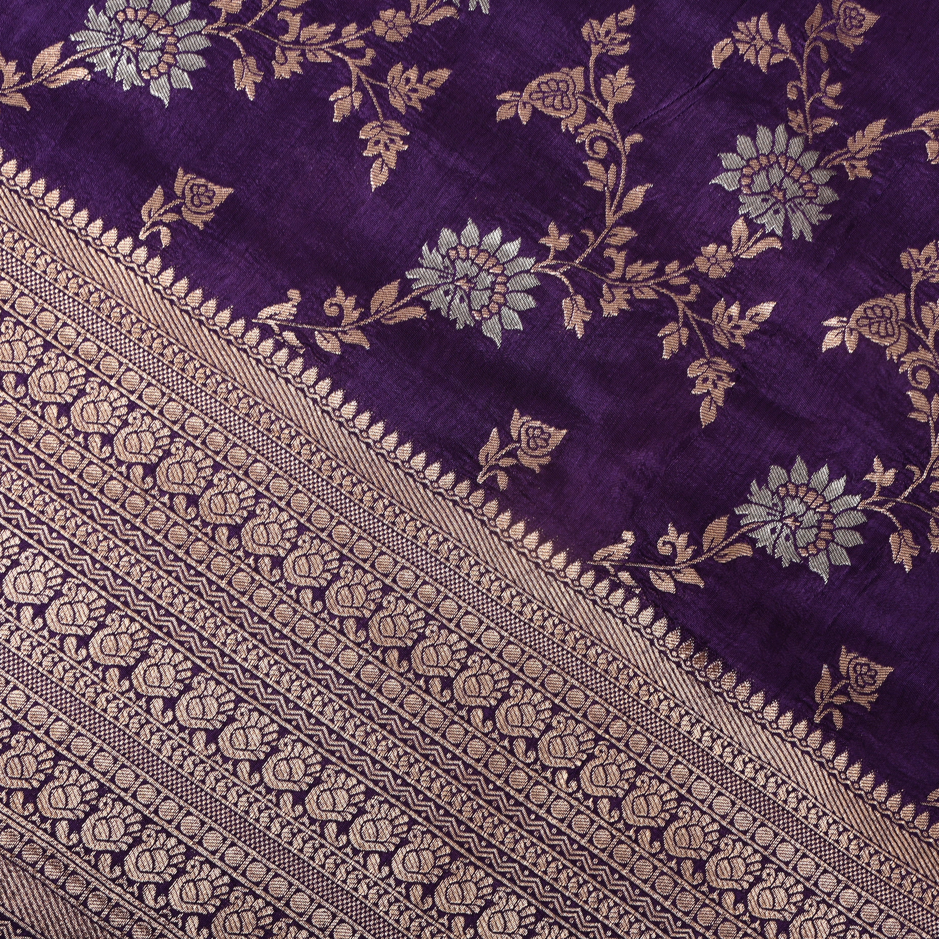 Deep Purple Jamawar Silk With Floral Vine And Woven Border
