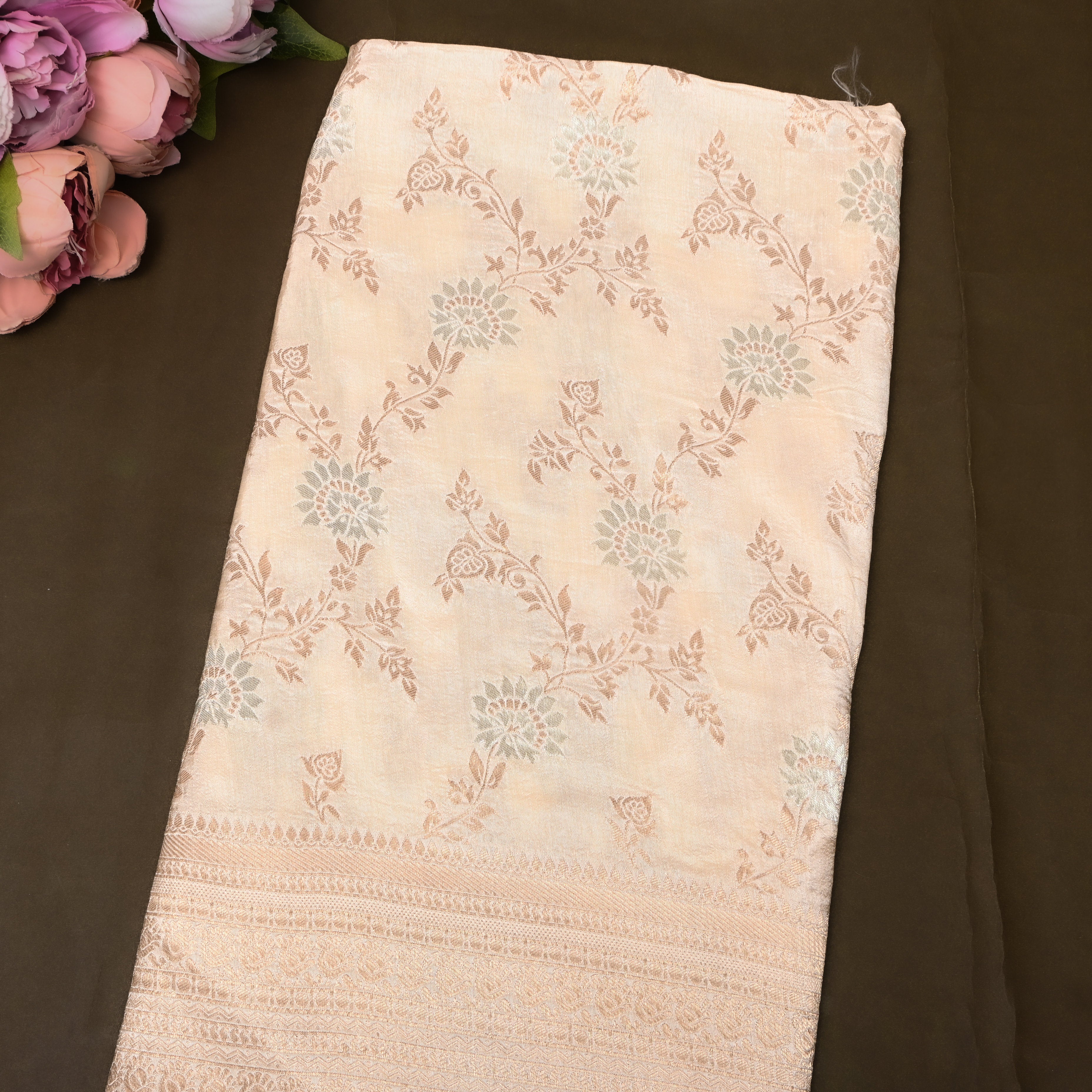 Ivory Gold Jamawar Silk With Floral Vine And Woven Border