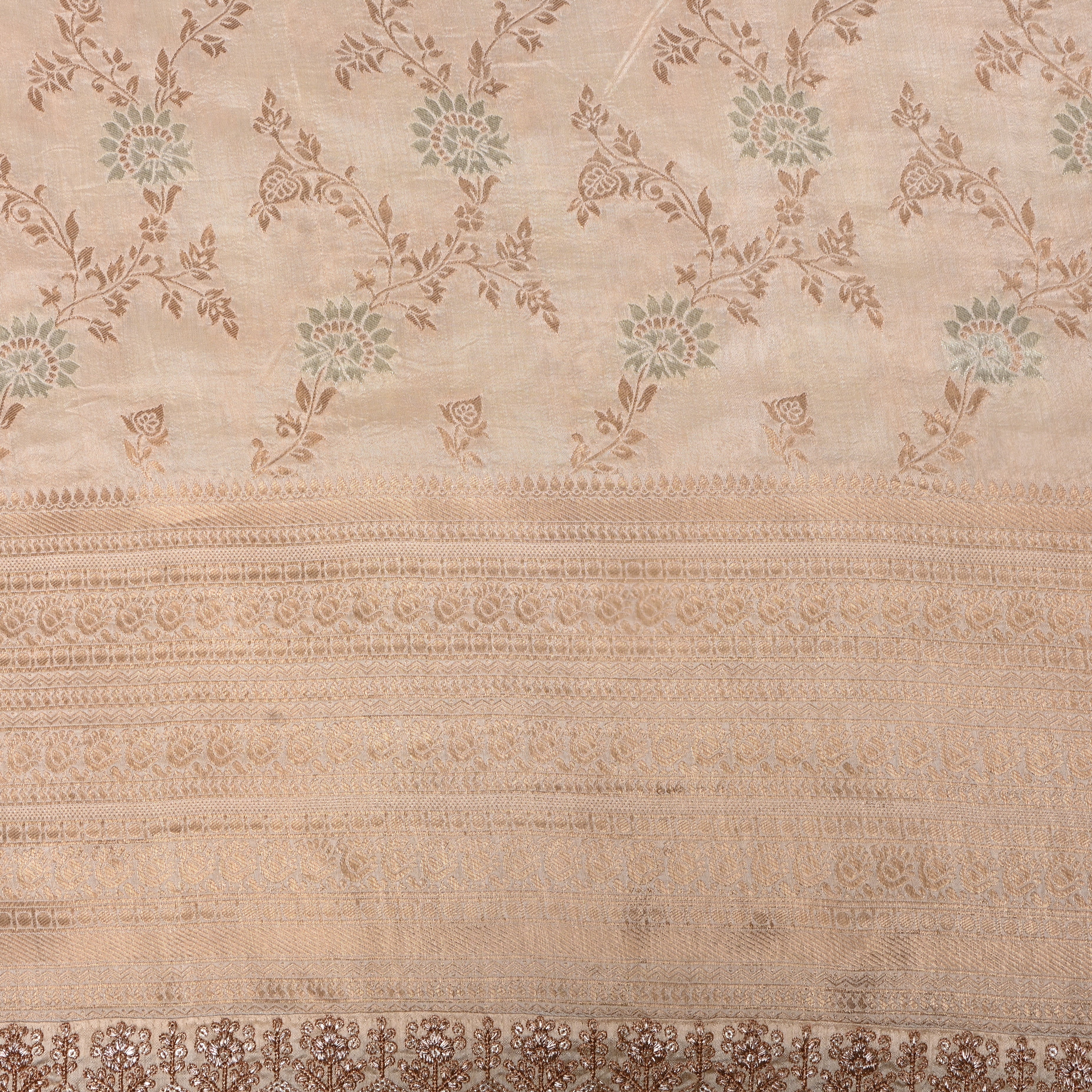 Ivory Gold Jamawar Silk With Floral Vine And Woven Border
