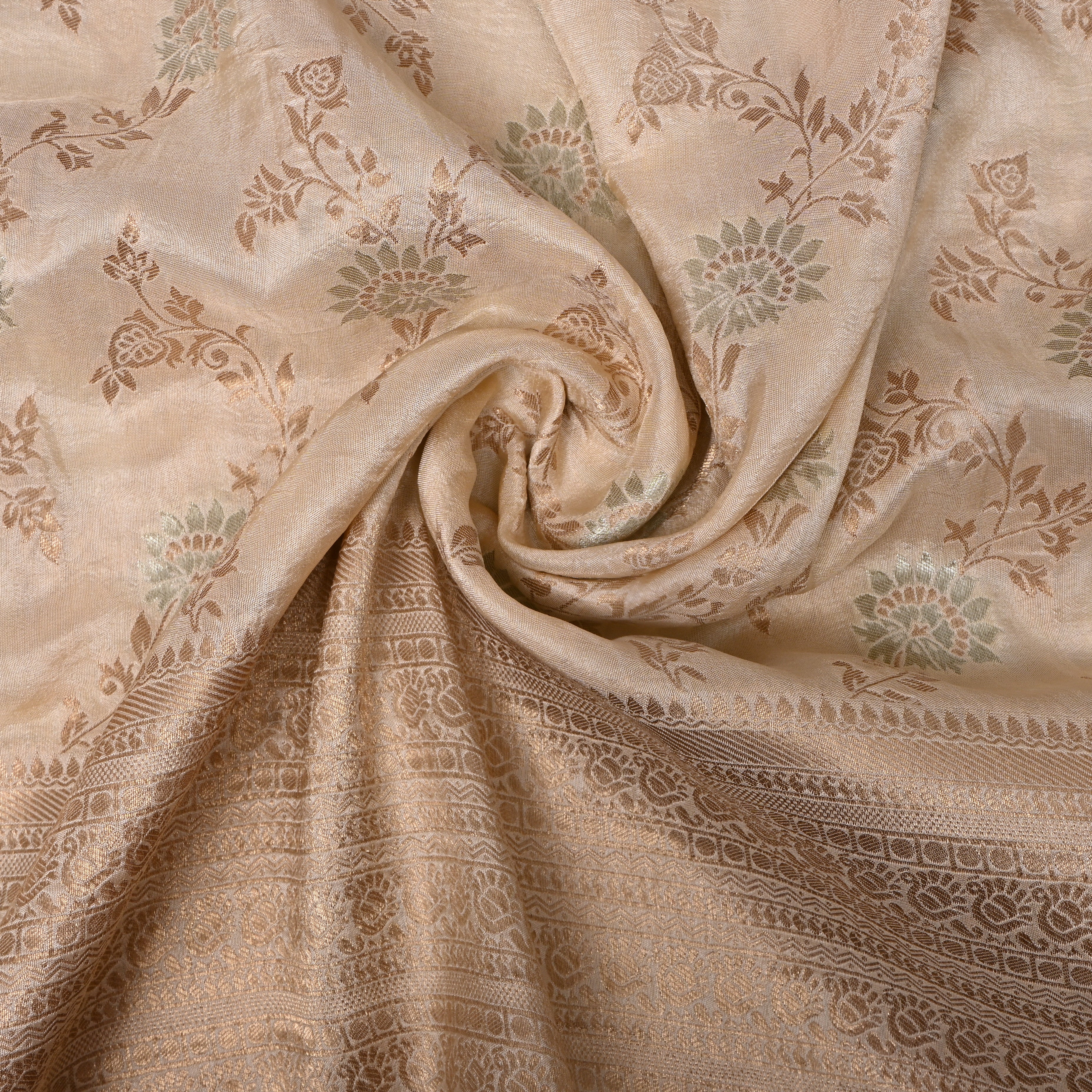 Ivory Gold Jamawar Silk With Floral Vine And Woven Border