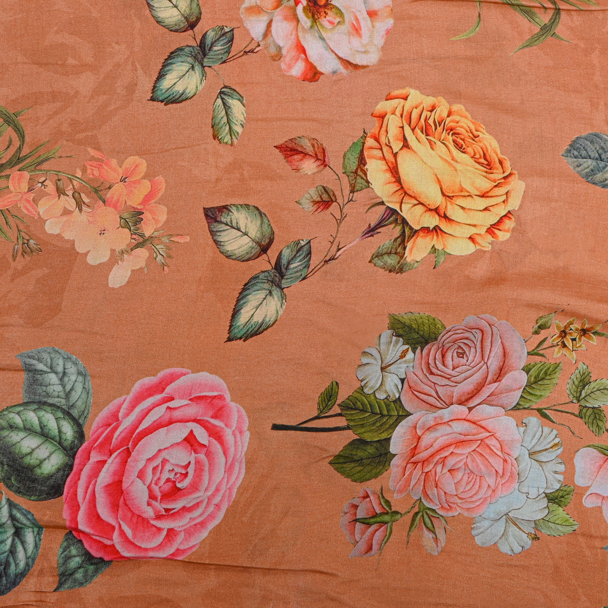 Terracotta Rose Bouquet Print Satin Fabric