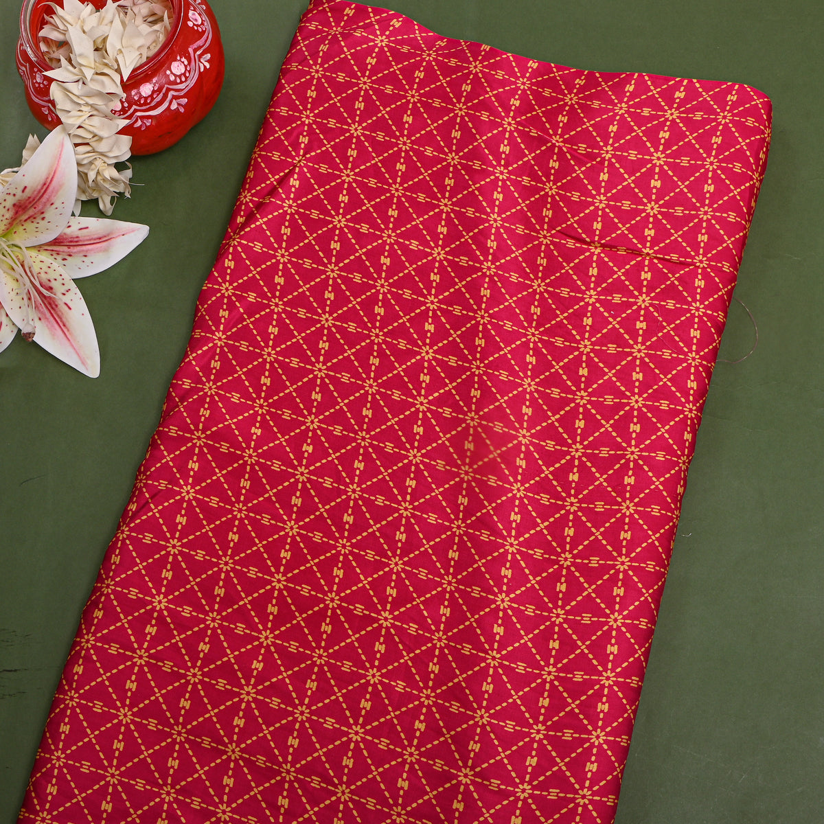 Fuchsia Pink Stitch Line Geometric Digital Print Satin Fabric