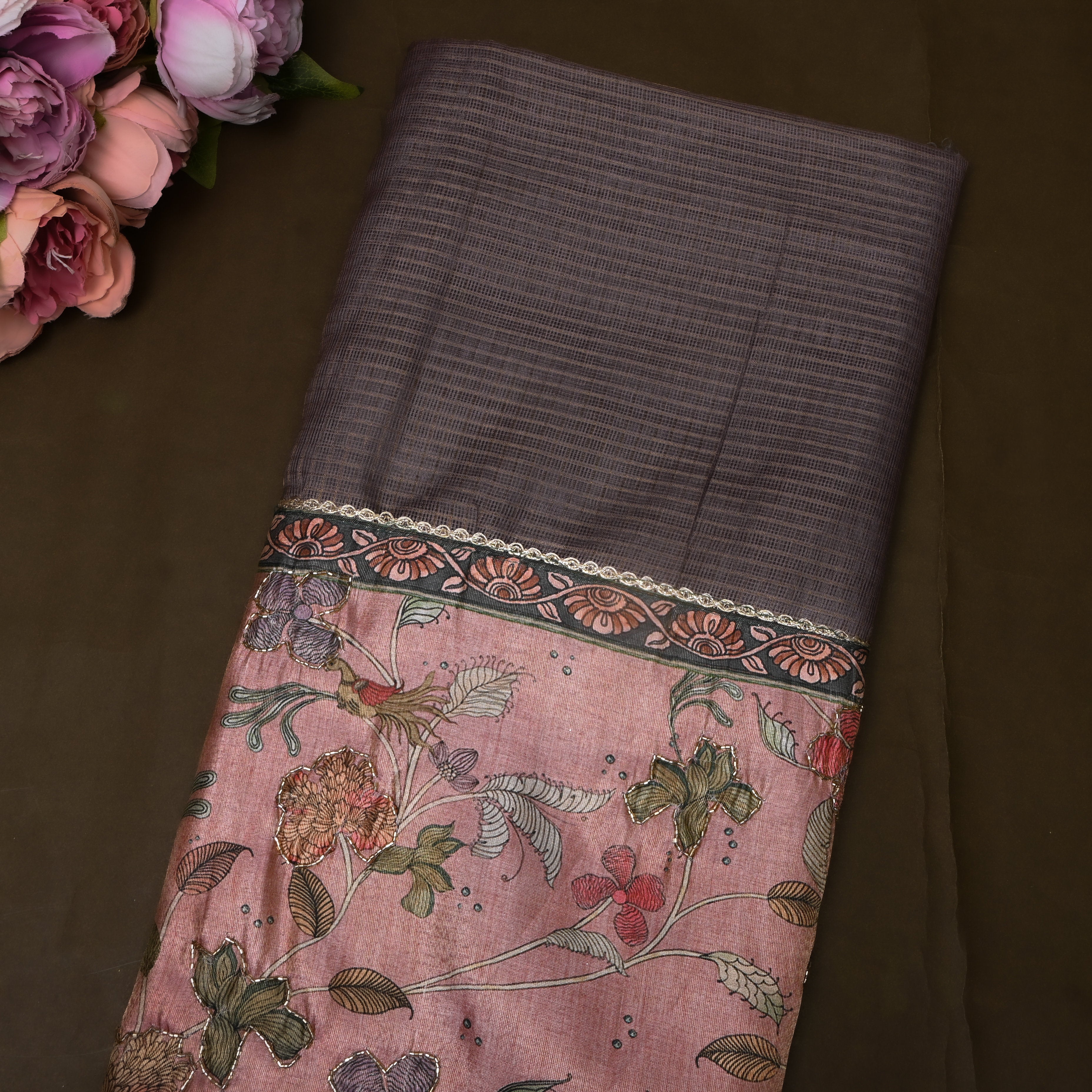 Mauve Printed Silk With Floral Kalamkari And Beadwork Border