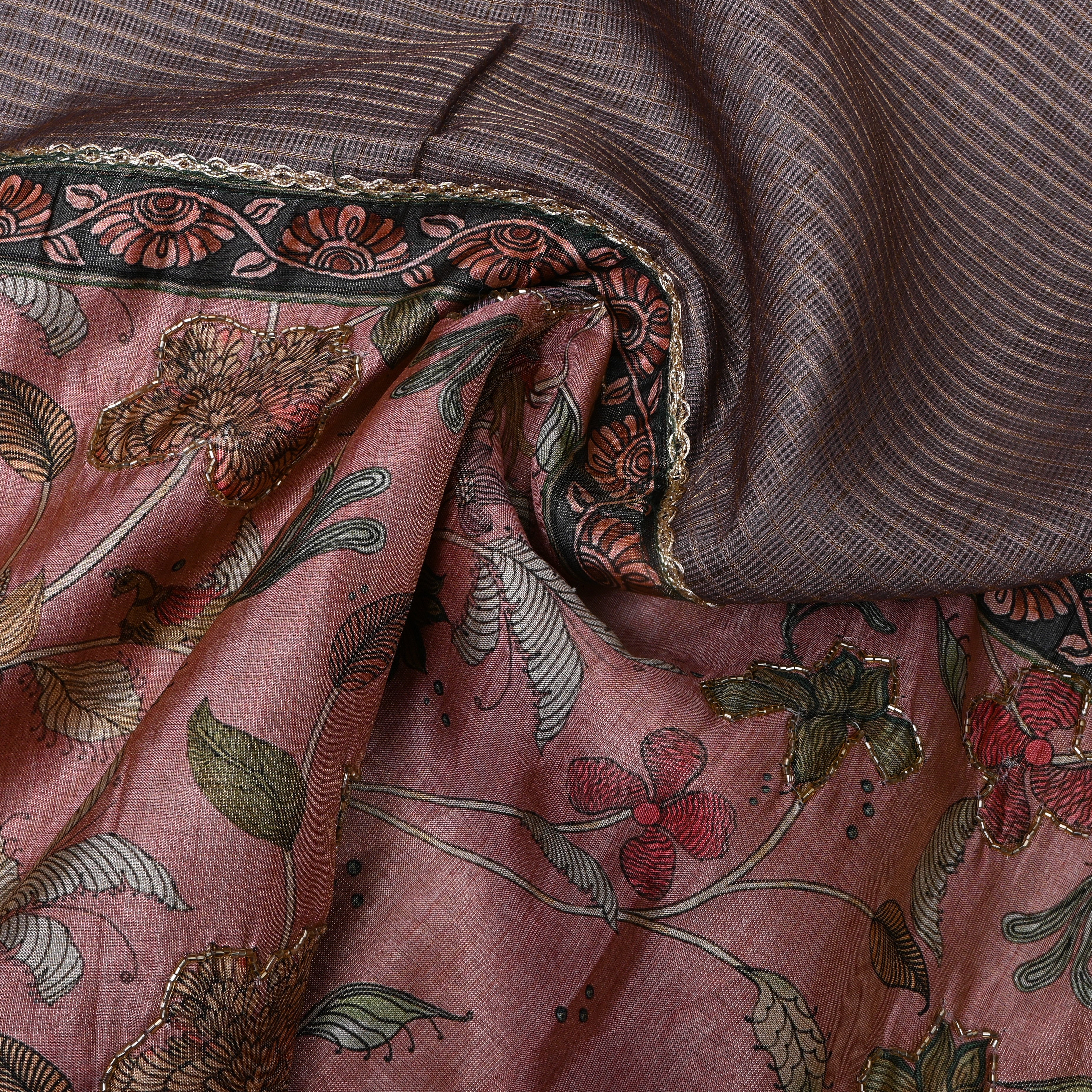Mauve Printed Silk With Floral Kalamkari And Beadwork Border