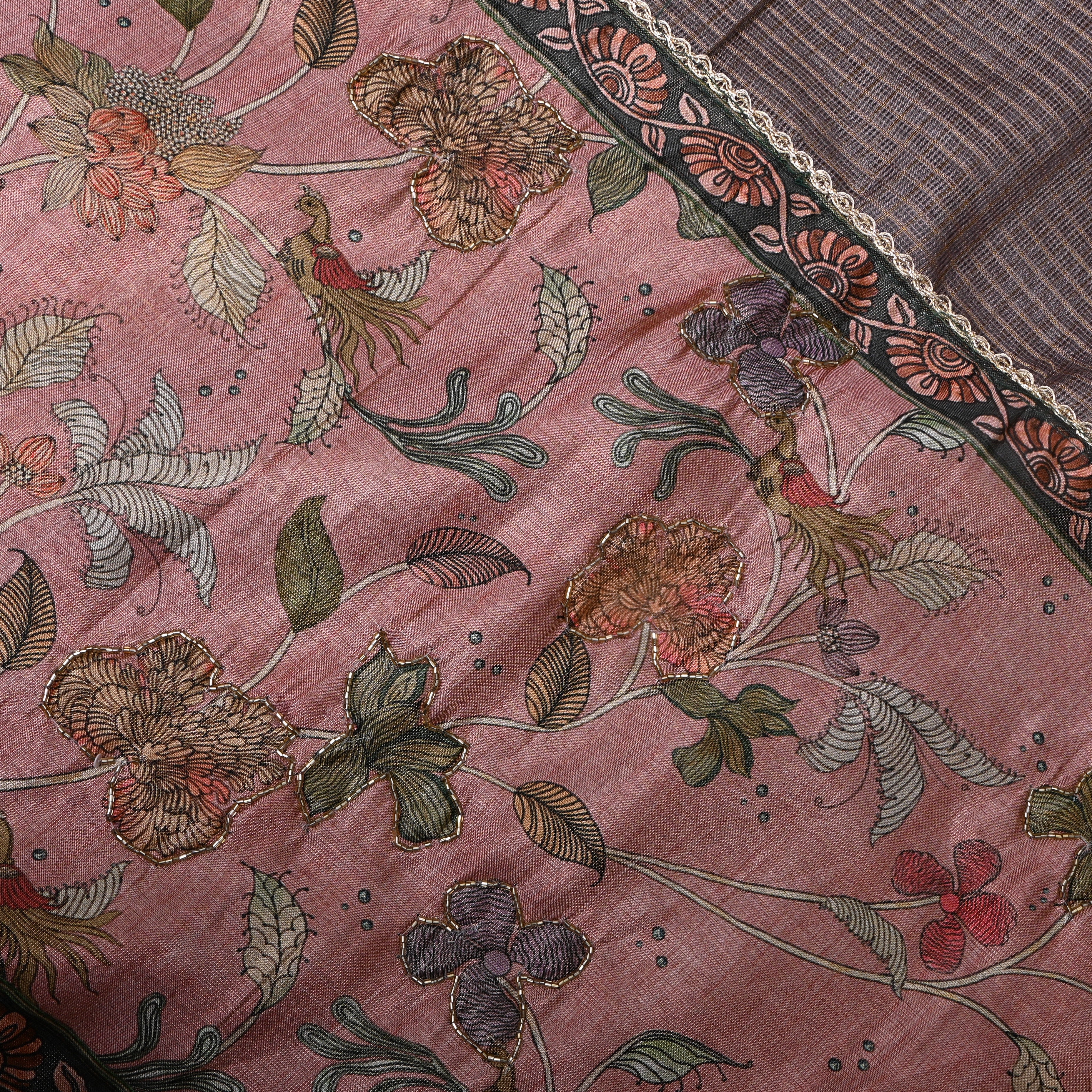 Mauve Printed Silk With Floral Kalamkari And Beadwork Border