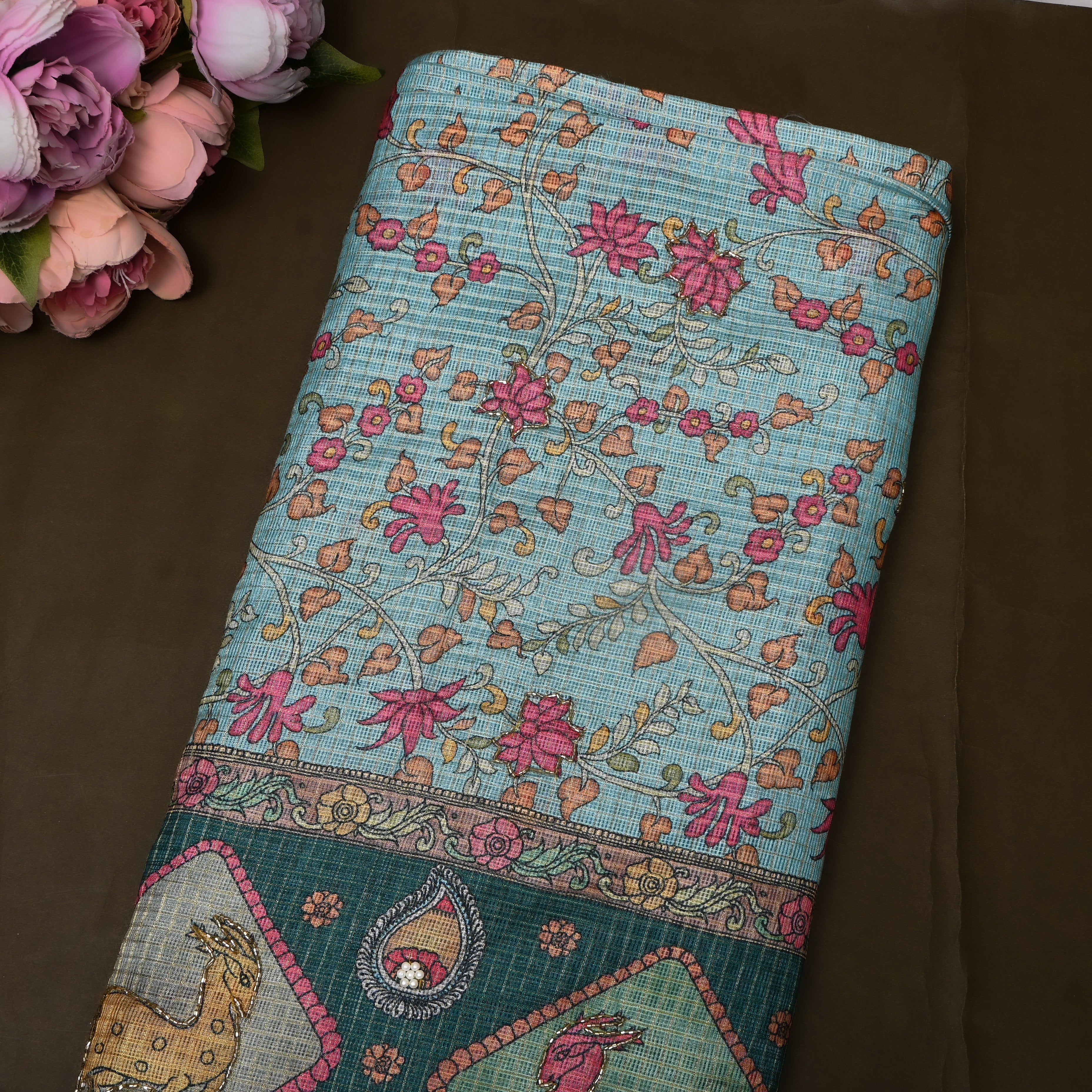 Powder Blue Floral Kalamkari Kota Embroidery Fabric