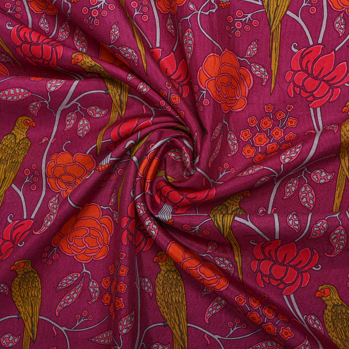 Mulberry Parrot Rose Print Silk Fabric