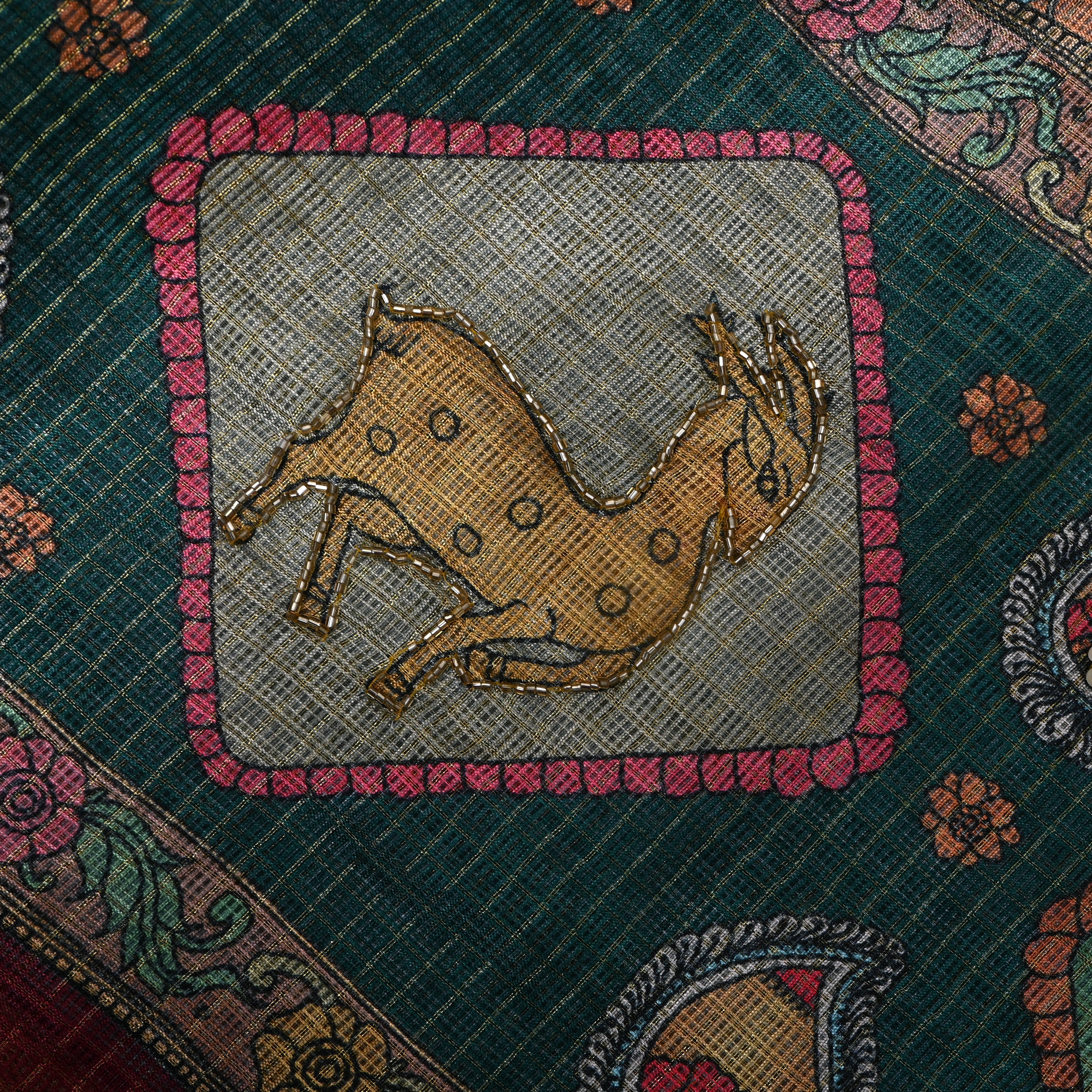 Powder Blue Floral Kalamkari Kota Embroidery Fabric