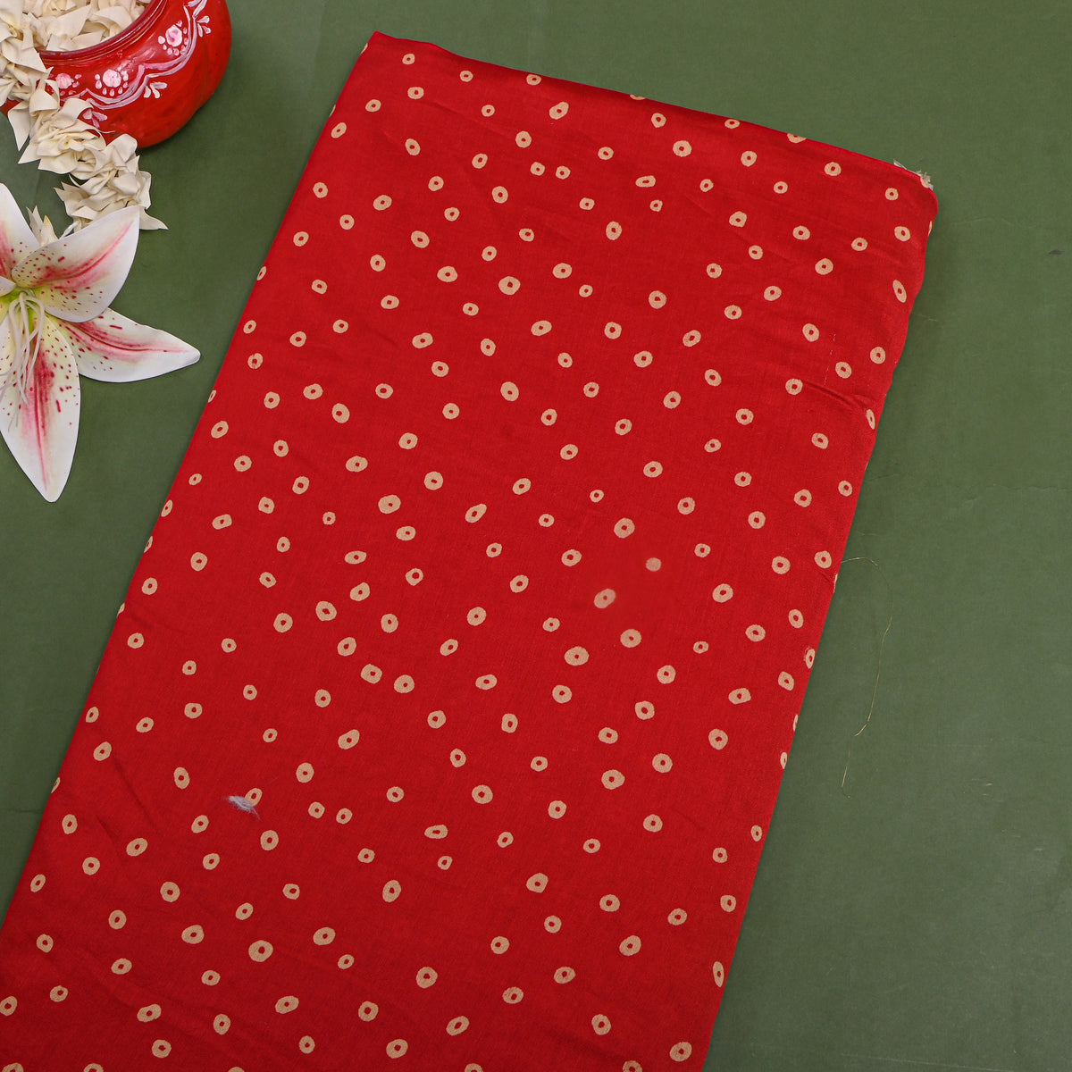 Chilli Bandhani Dot Print Silk Fabric