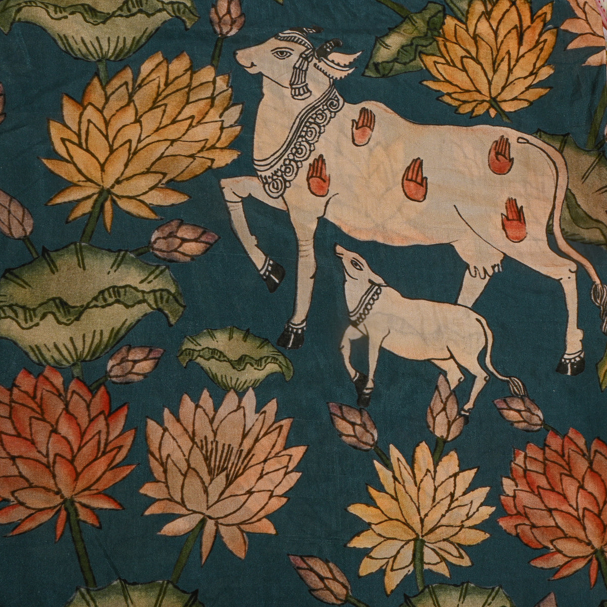 Lagoon Lotus Floral Kalamkari Print Silk Fabric