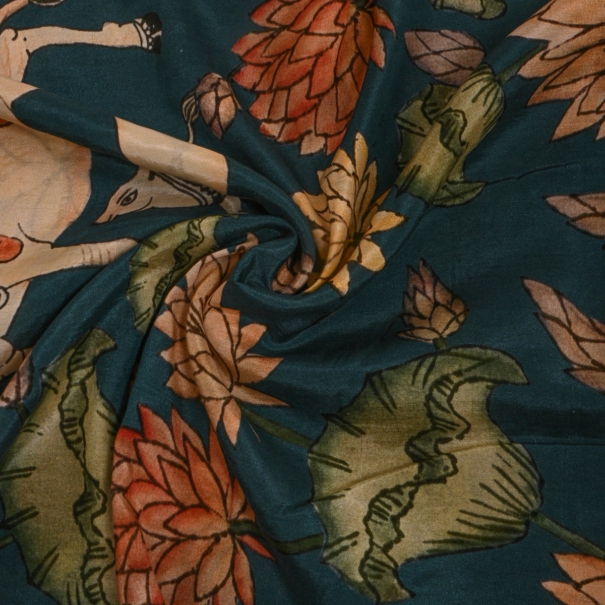 Lagoon Lotus Floral Kalamkari Print Silk Fabric