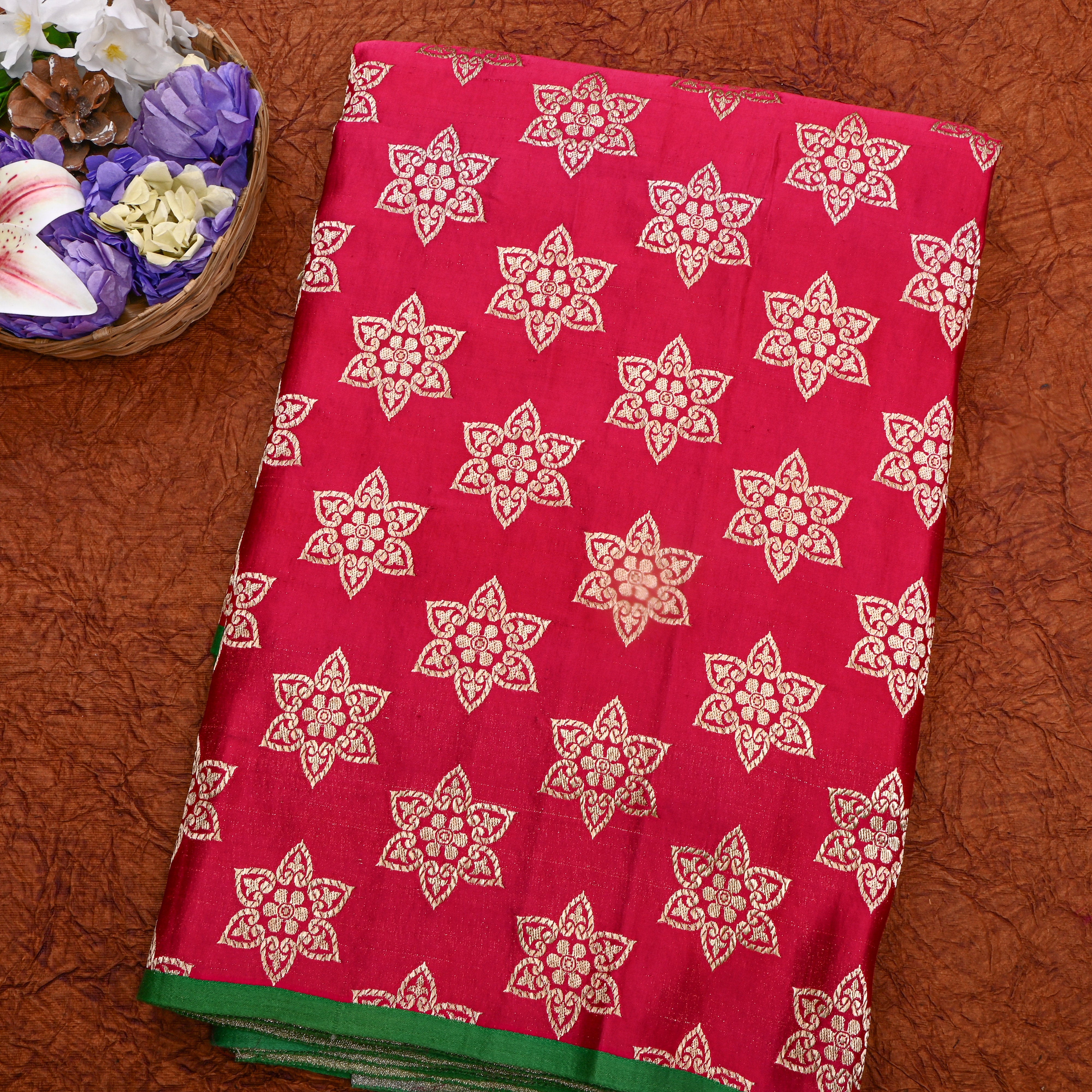 Pink Gold Star Motif Silk Fabric