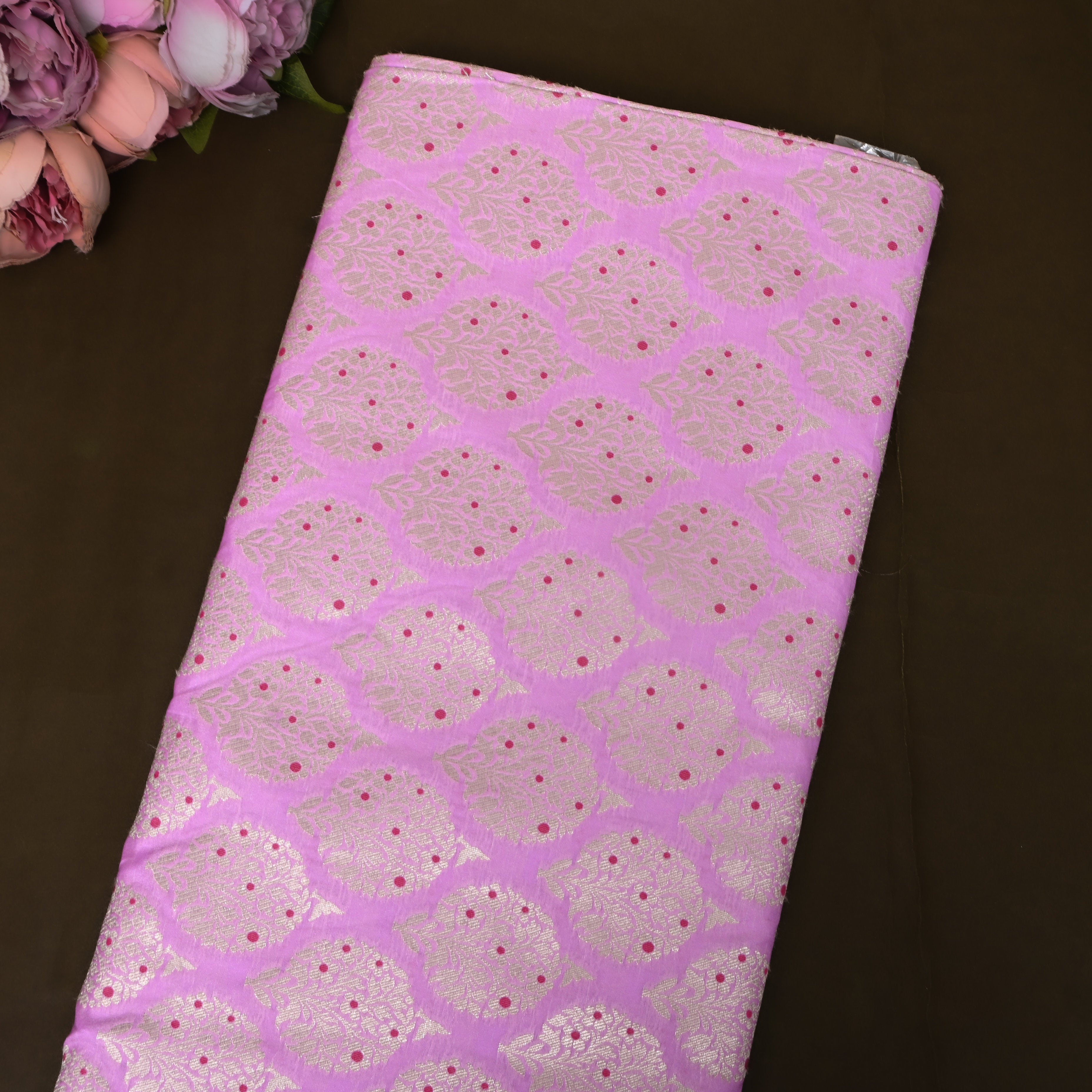 Lilac Pink Golden Motif Parsi Jamawar Fabric