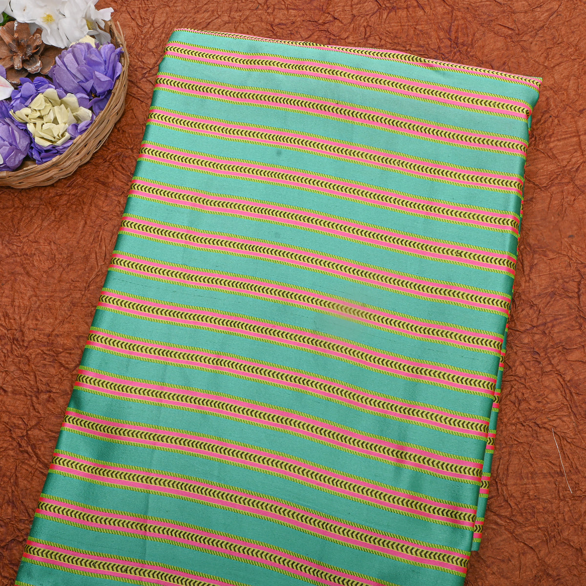Green Pink Yellow Striped Jamawar Silk Fabric