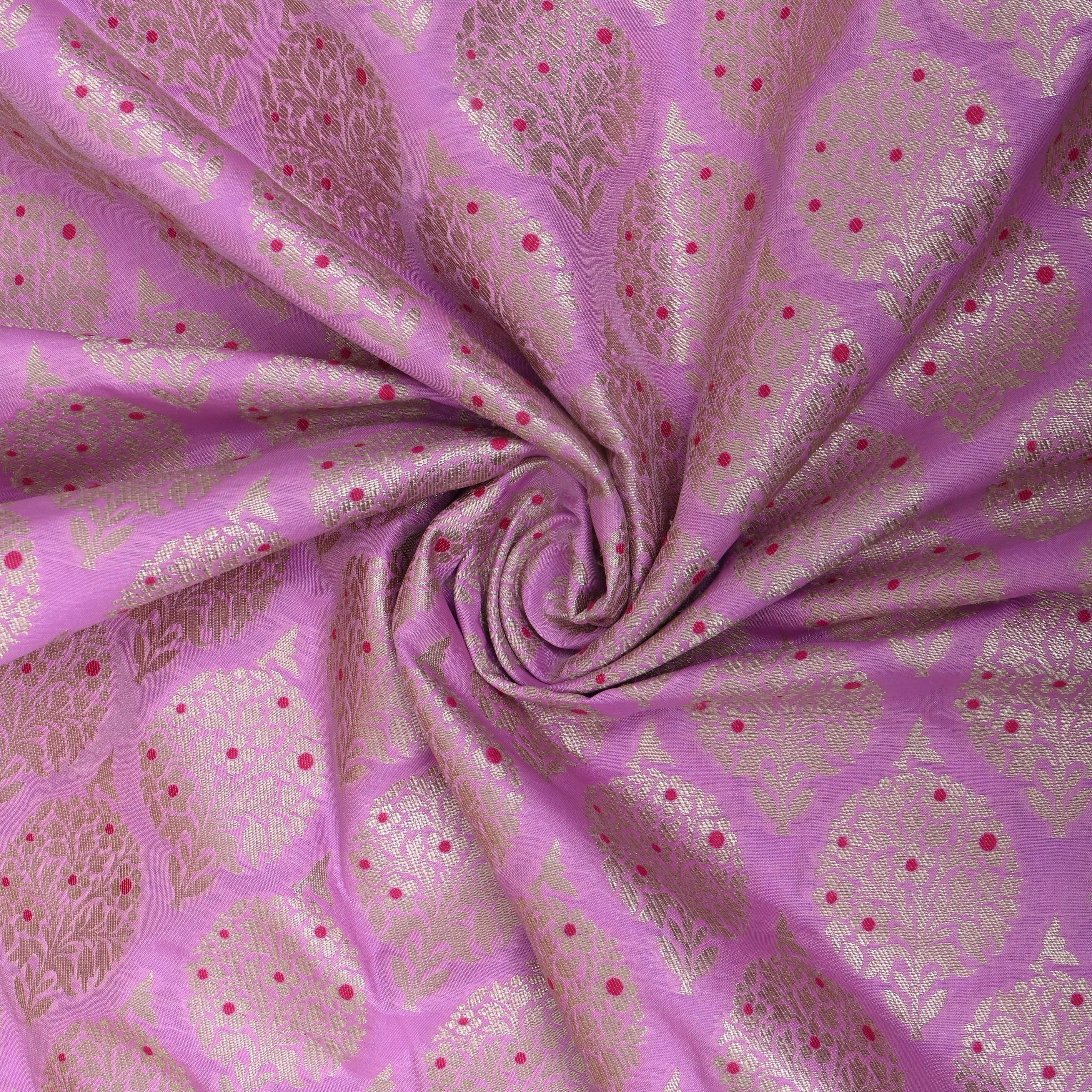 Lilac Pink Golden Motif Parsi Jamawar Fabric