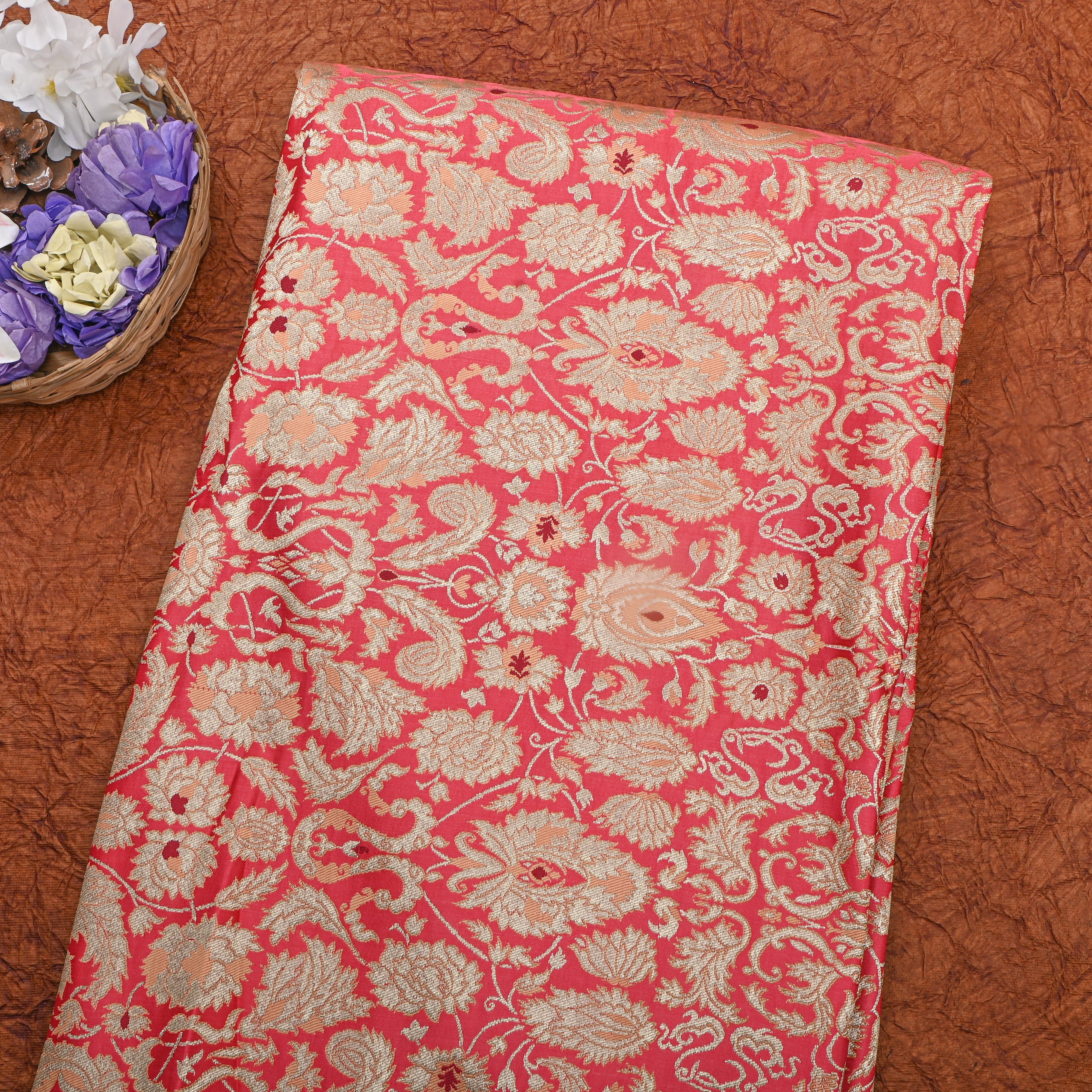Coral Pink Gold Jamawar Floral Silk Fabric
