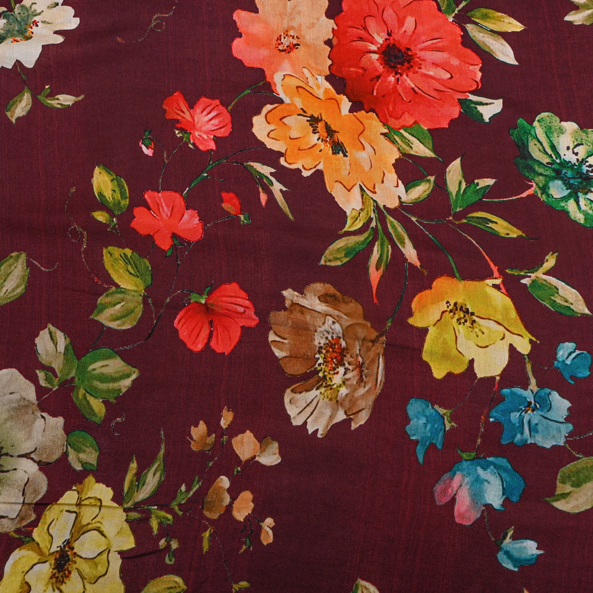 Burgundy Meadow Floral Print Satin Fabric