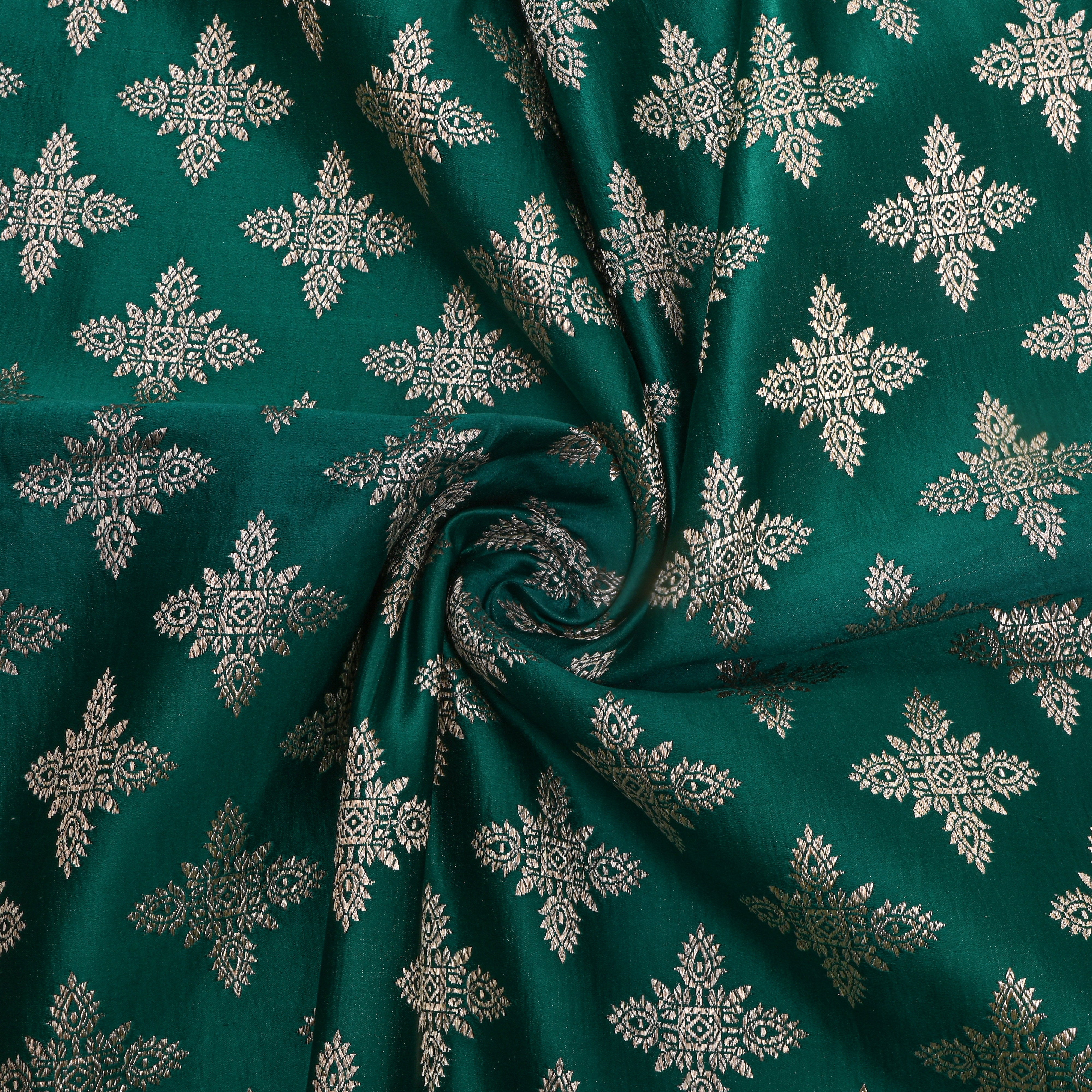 Bottle Green Silver Diamond Motif Silk Fabric