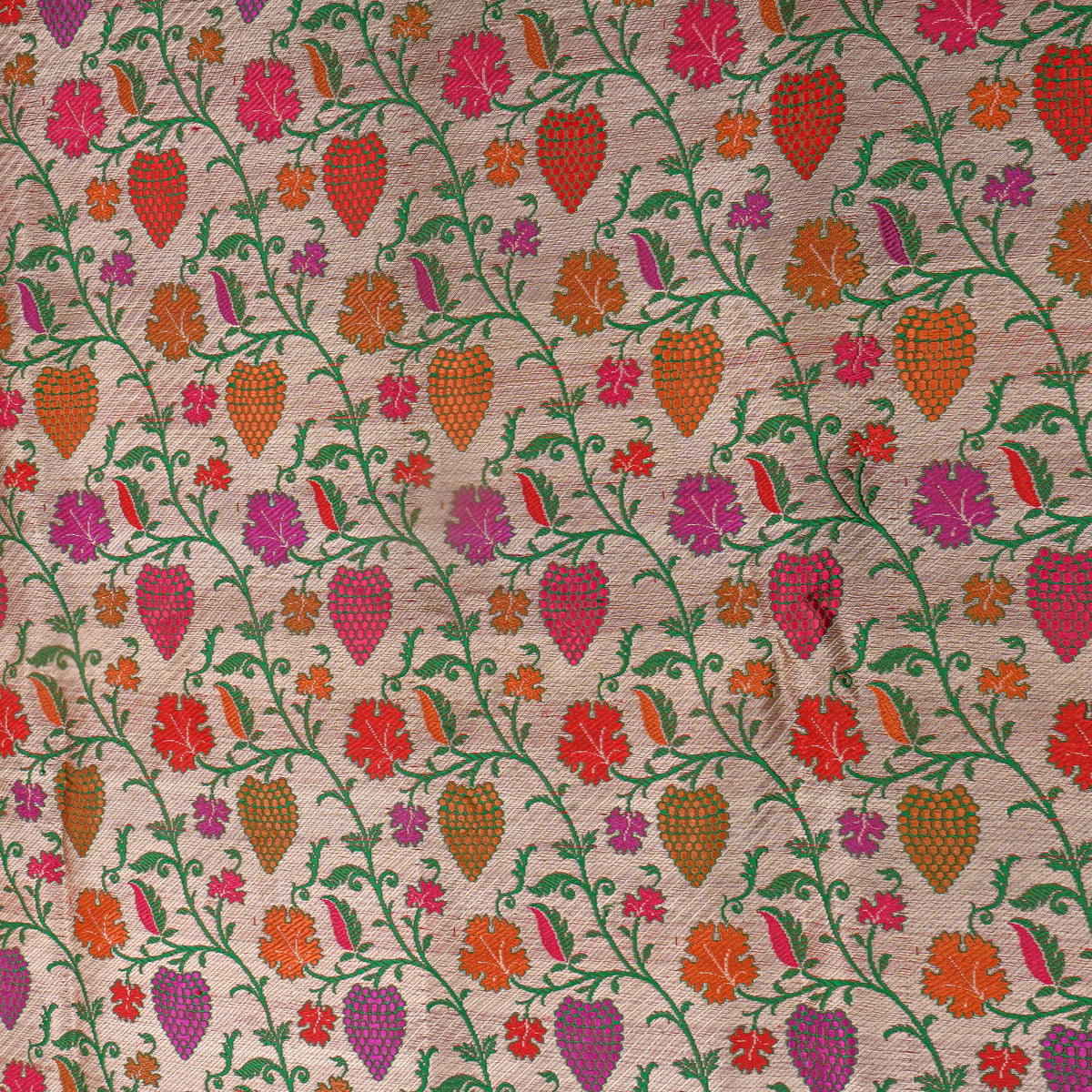 Rose Gold Multicolour Floral Jaal Jamawar Silk Fabric