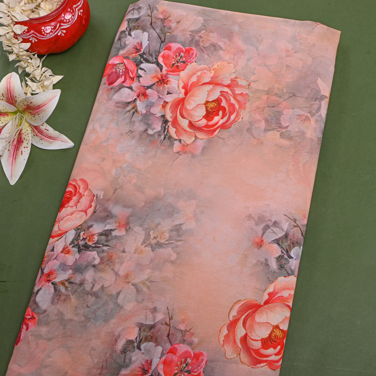 Apricot Rose Floral Print Georgette Fabric
