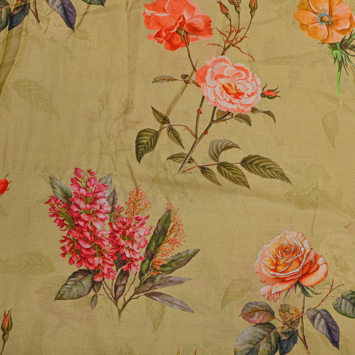 Pistachio Green Rose Garden Print Satin Fabric
