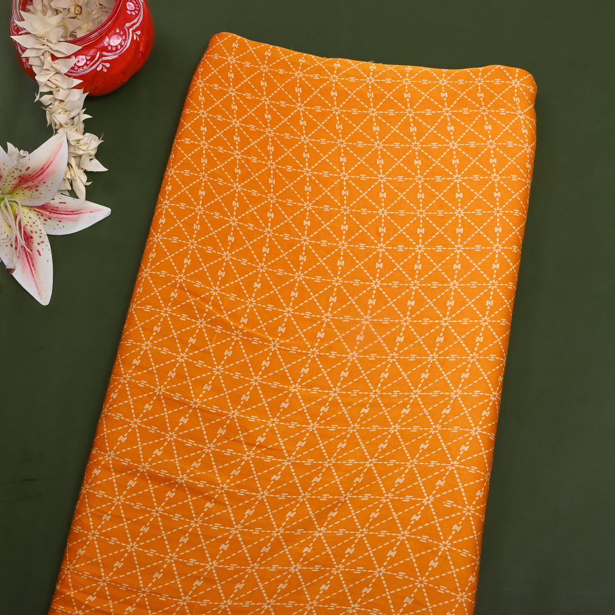 Tangerine Orange Stitch Line Geometric Digital Print Satin Fabric