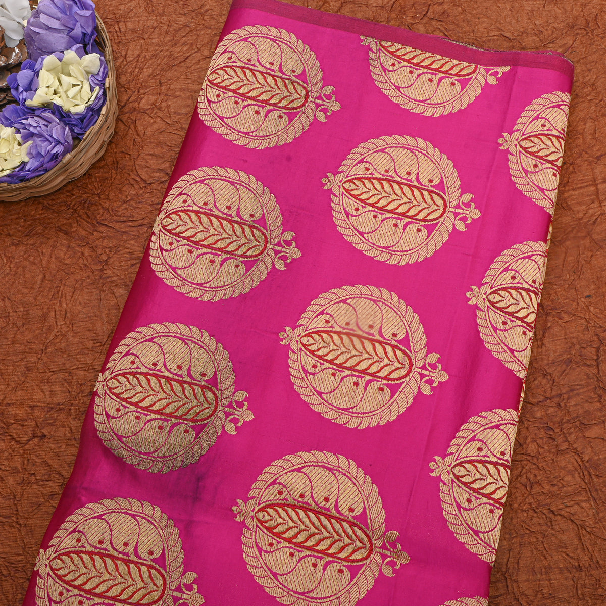 Pink Gold Leaf Motif Silk Fabric