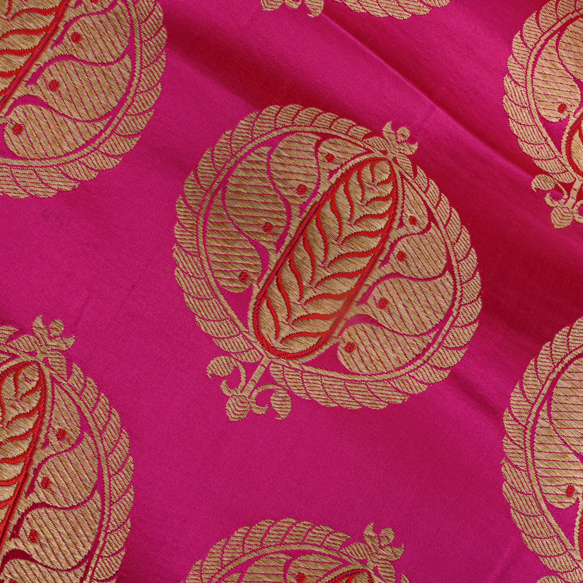 Pink Gold Leaf Motif Silk Fabric
