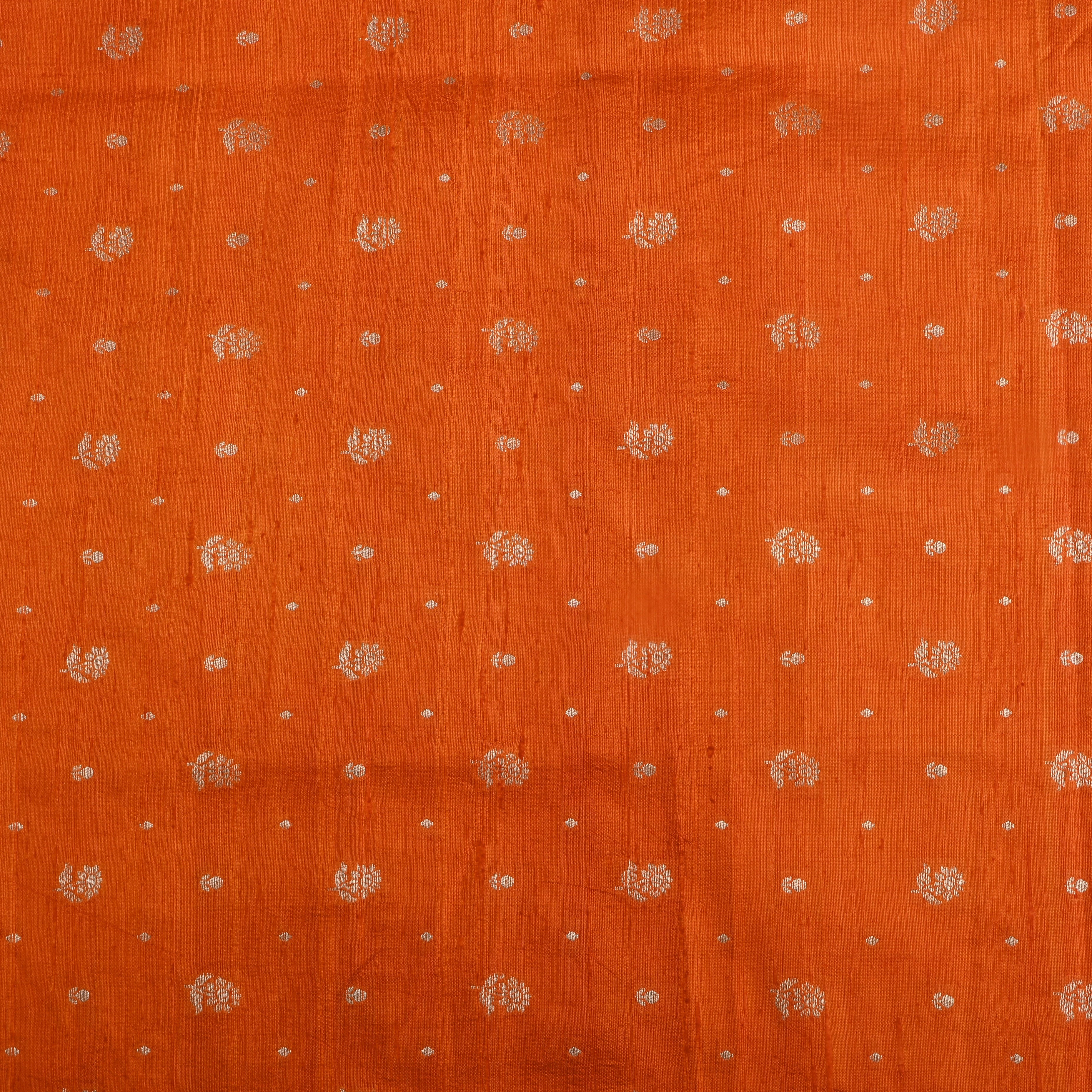 Bright Orange Floral Zari Dupion Silk Fabric