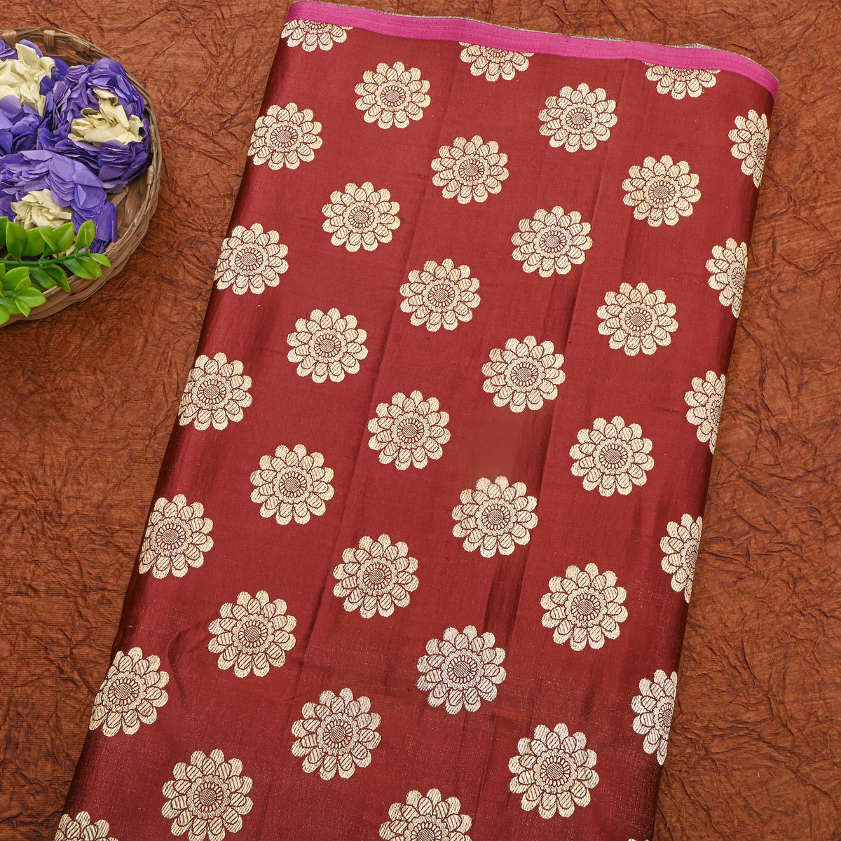 Maroon Gold Sunflower Motif Silk Fabric