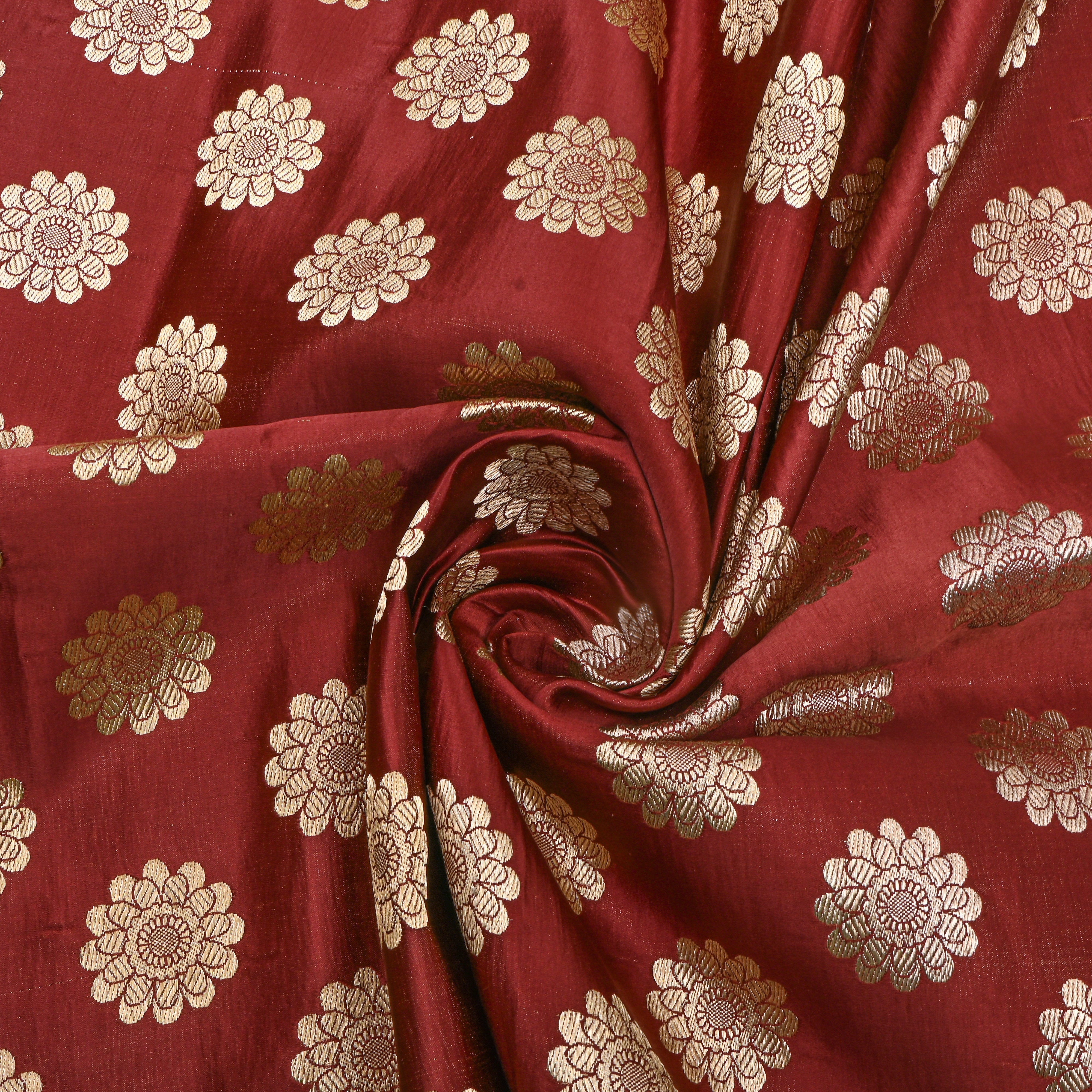 Maroon Gold Sunflower Motif Silk Fabric