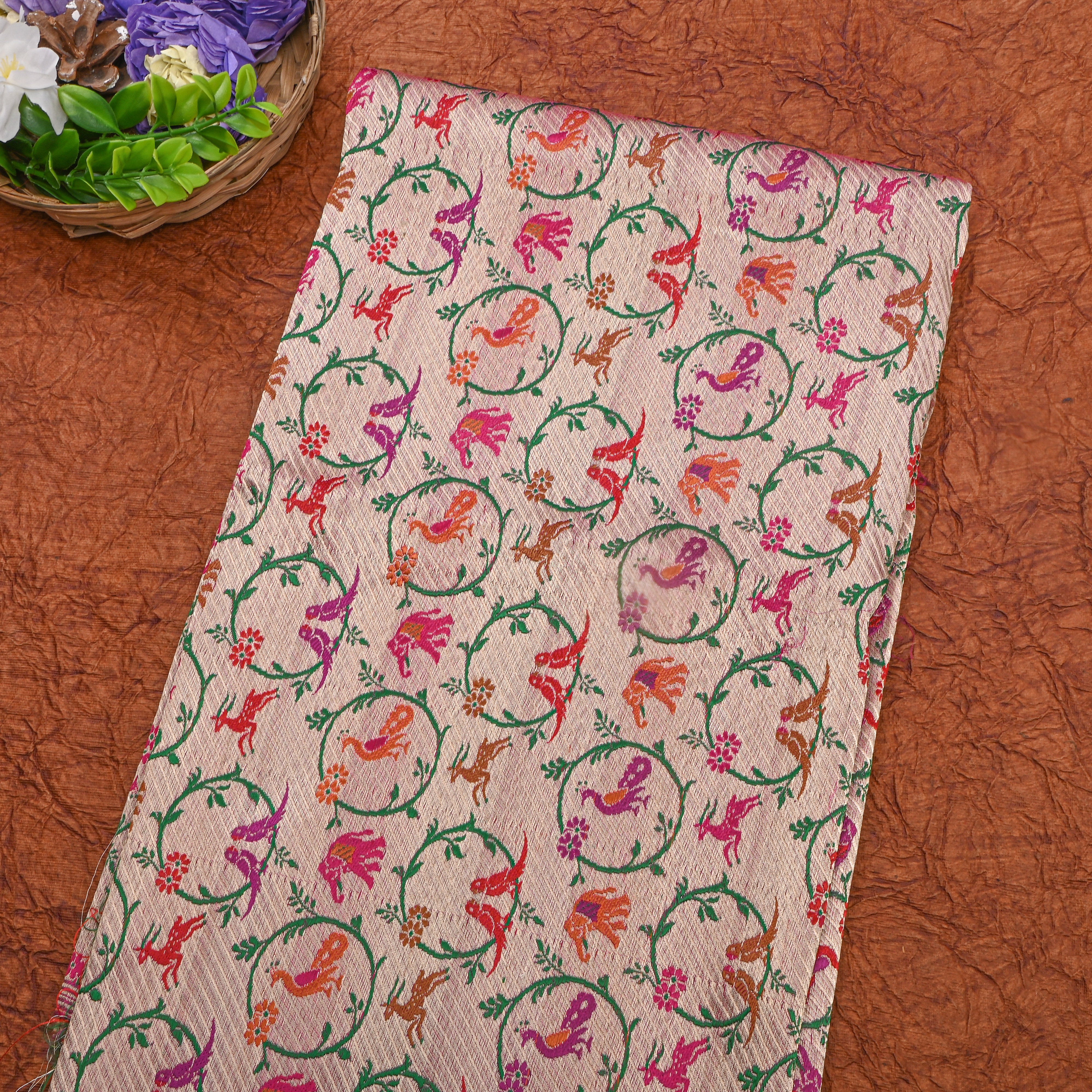 Pink Multicolour Animal Motif Jamawar Silk Fabric