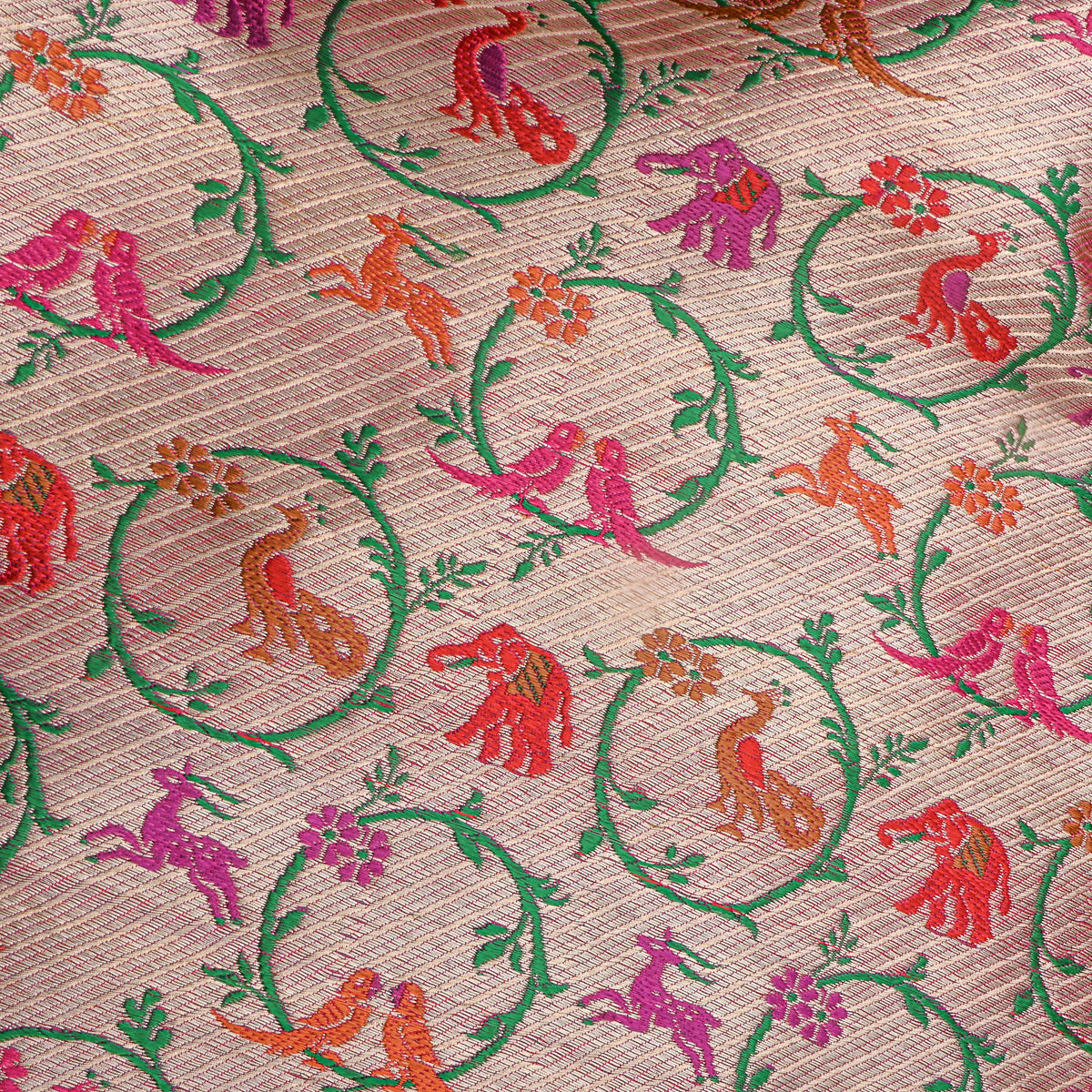 Pink Multicolour Animal Motif Jamawar Silk Fabric