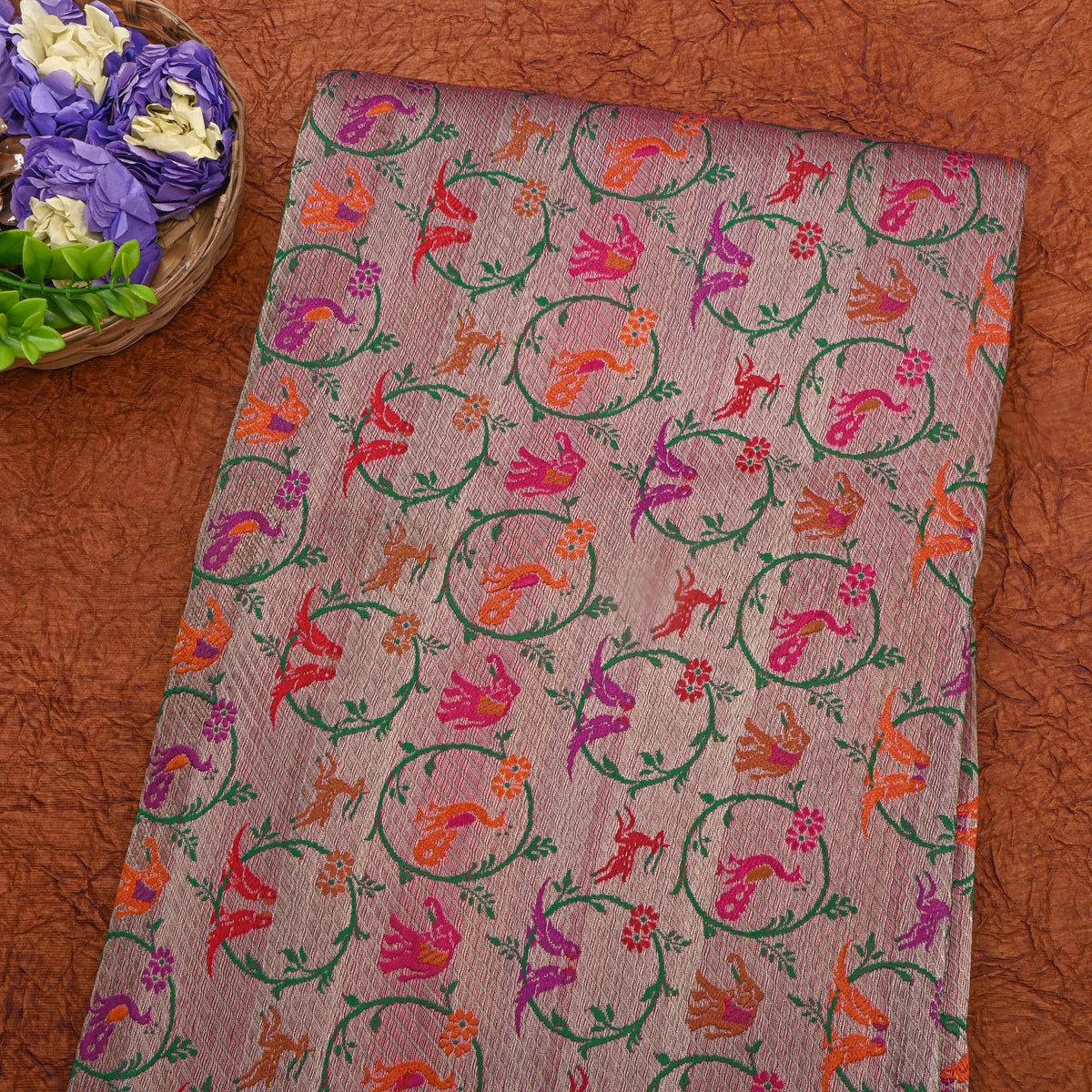 Rose Pink Multicolour Animal Motif Jamawar Silk Fabric