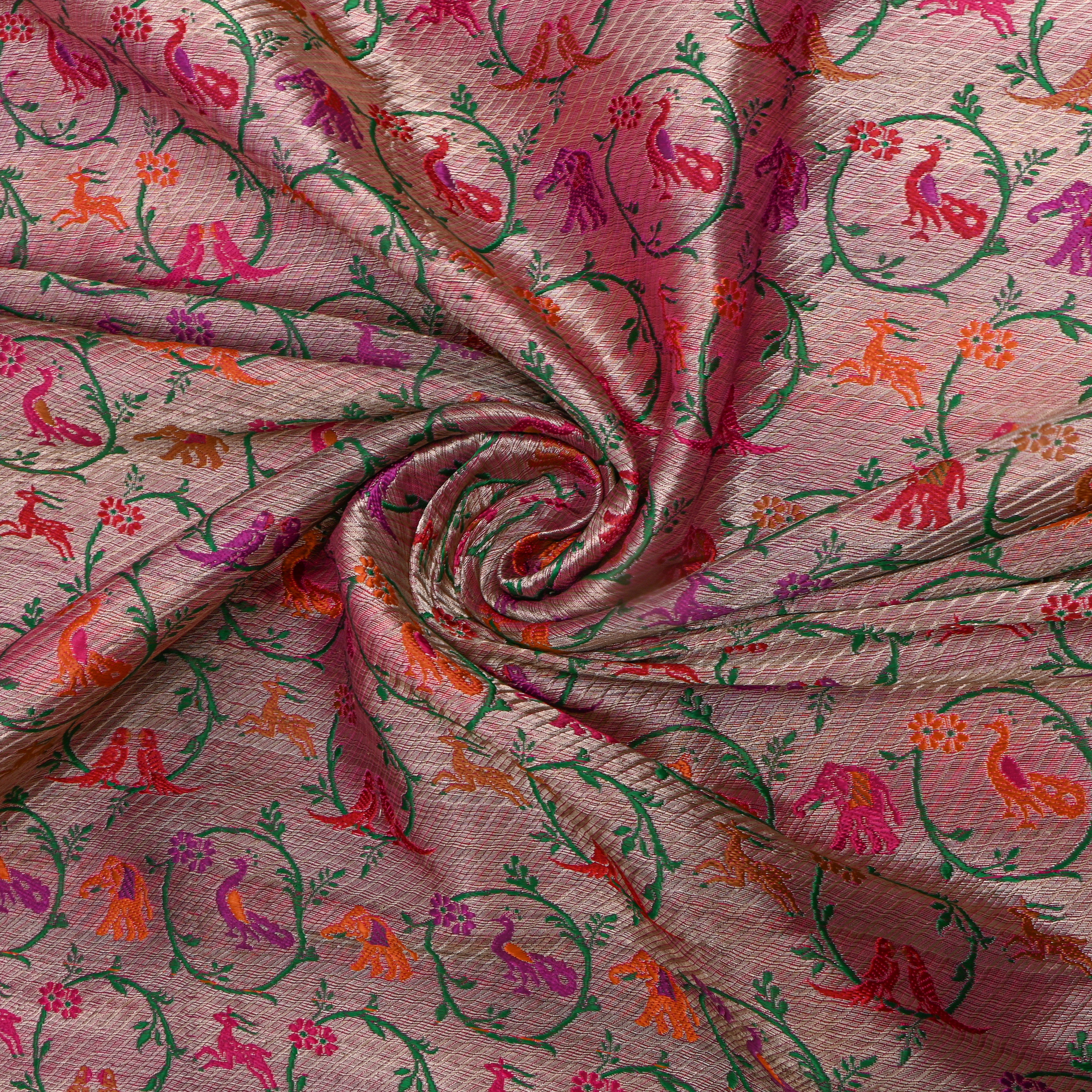 Rose Pink Multicolour Animal Motif Jamawar Silk Fabric